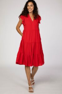 Red Tiered Ruffle Sleeve Maternity Midi Dress sold by Pinkblush