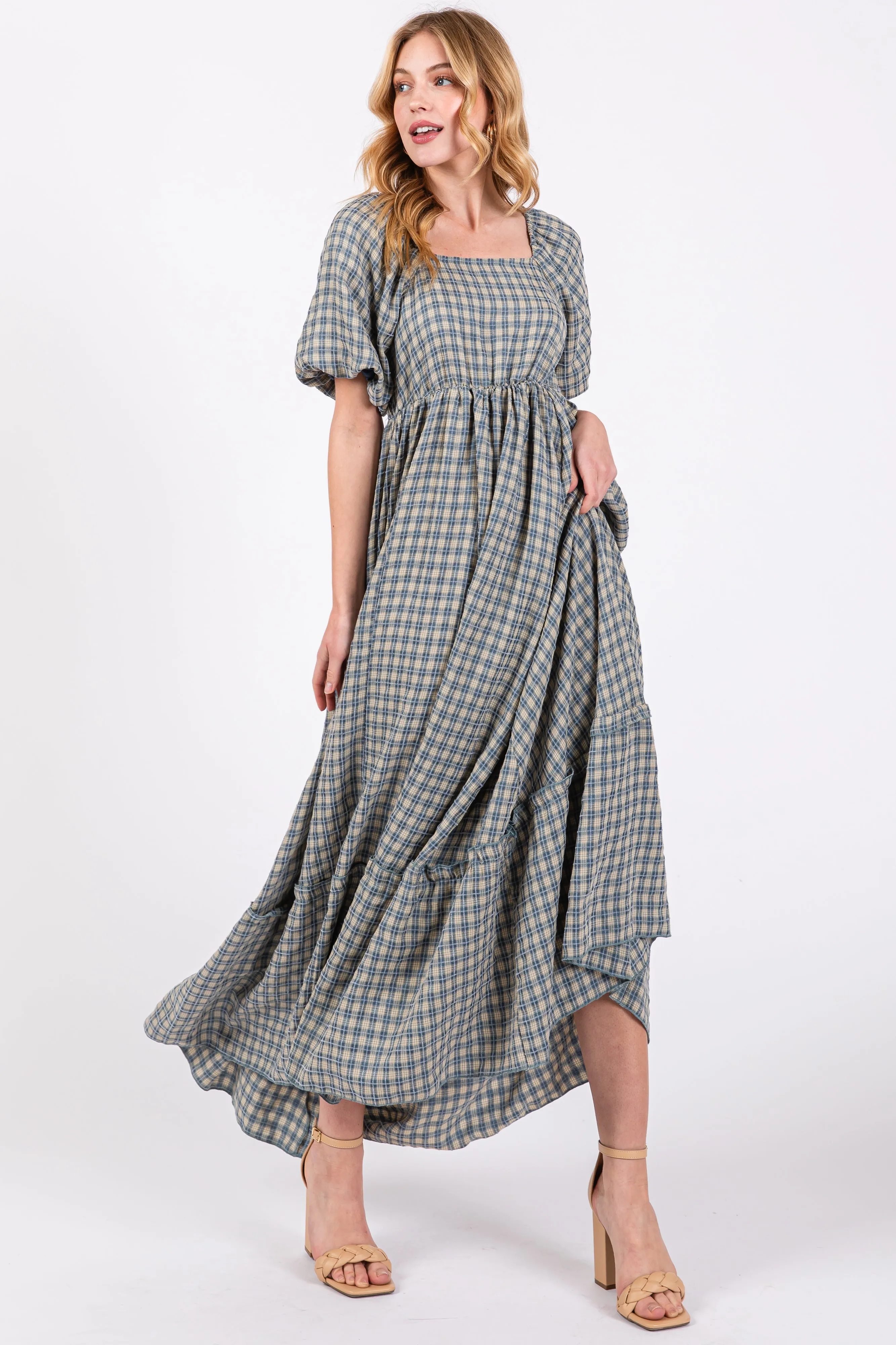 Blue Plaid Puff Sleeve Maxi Dress sold by Pinkblush