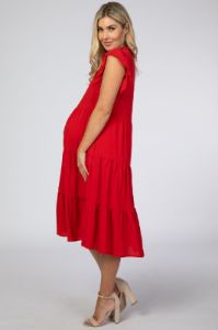Red Tiered Ruffle Sleeve Maternity Midi Dress sold by Pinkblush