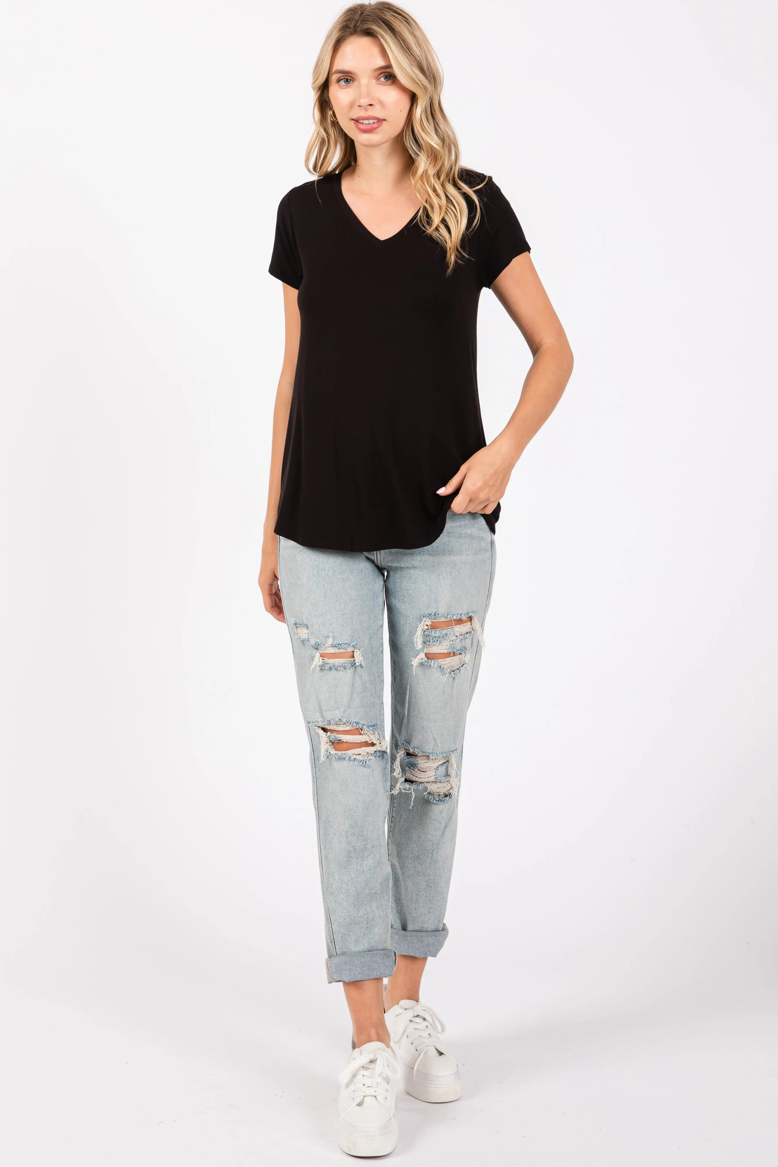 Black Basic V-Neck Short Sleeve Top sold by Pinkblush product image thumbnail 4