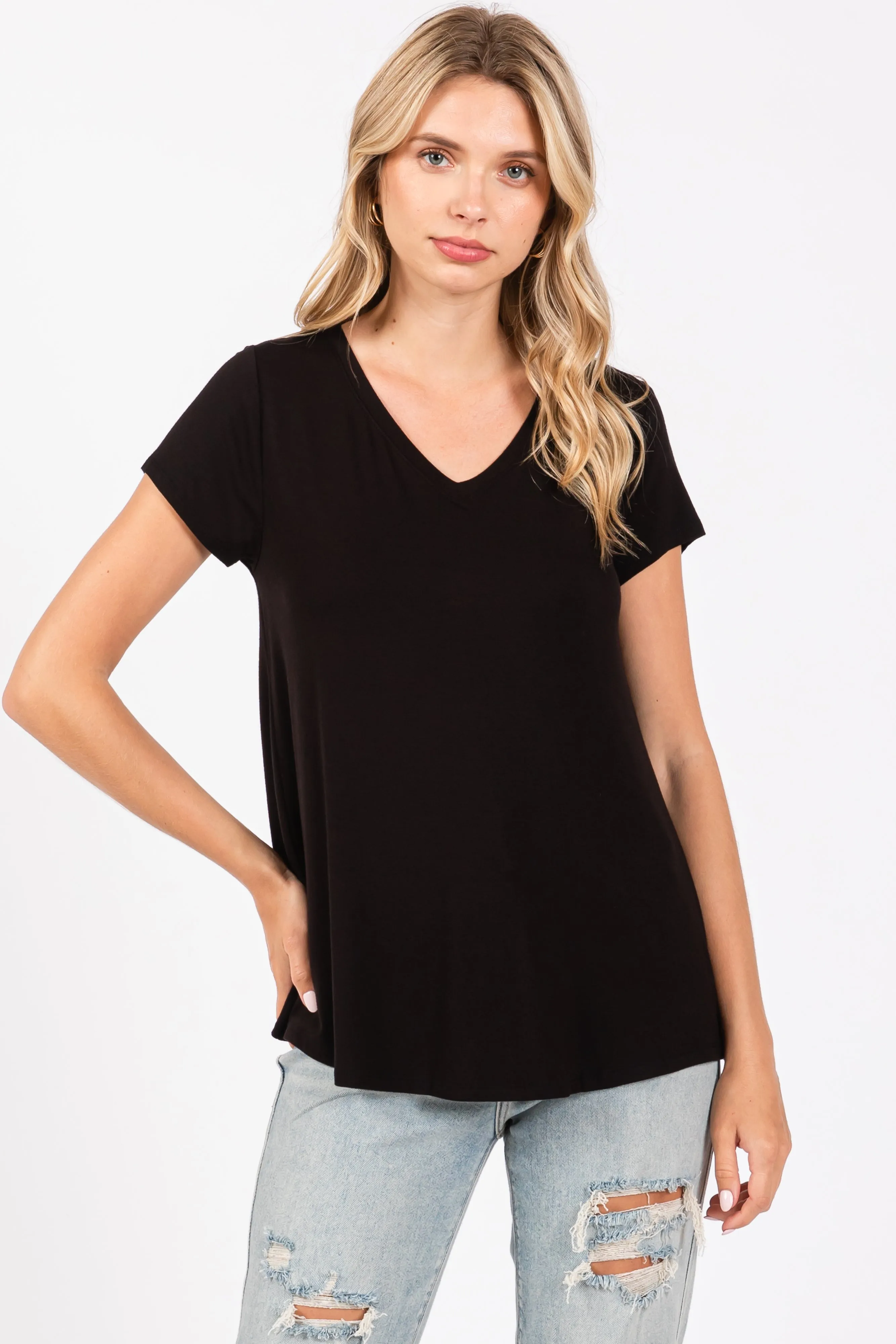 Black Basic V-Neck Short Sleeve Top sold by Pinkblush