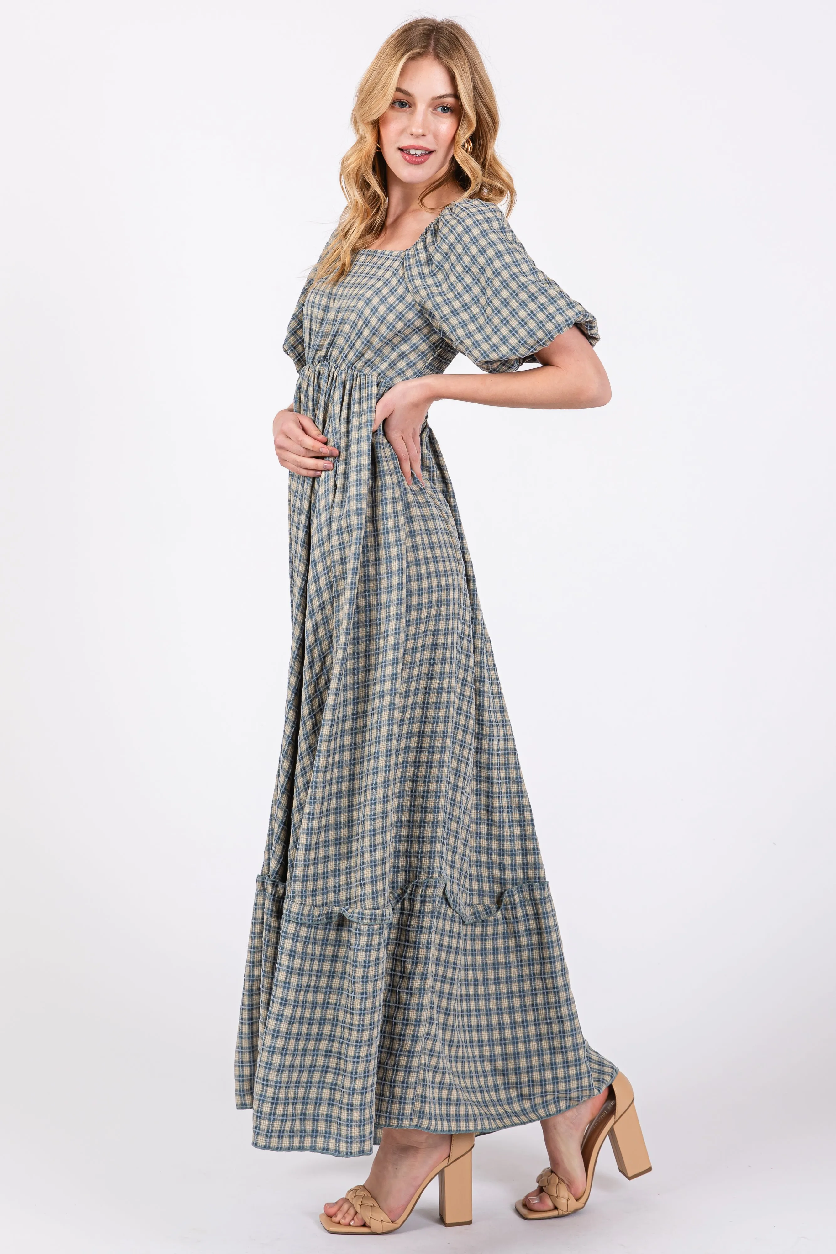 Blue Plaid Puff Sleeve Maxi Dress sold by Pinkblush product image thumbnail 2