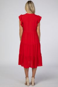 Red Tiered Ruffle Sleeve Maternity Midi Dress sold by Pinkblush