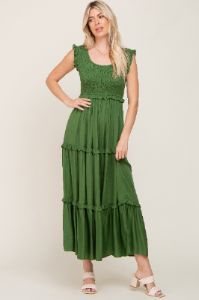 Green Smocked Ruffle Tier Maternity Maxi Dress sold by Pinkblush