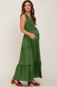 Green Smocked Ruffle Tier Maternity Maxi Dress sold by Pinkblush
