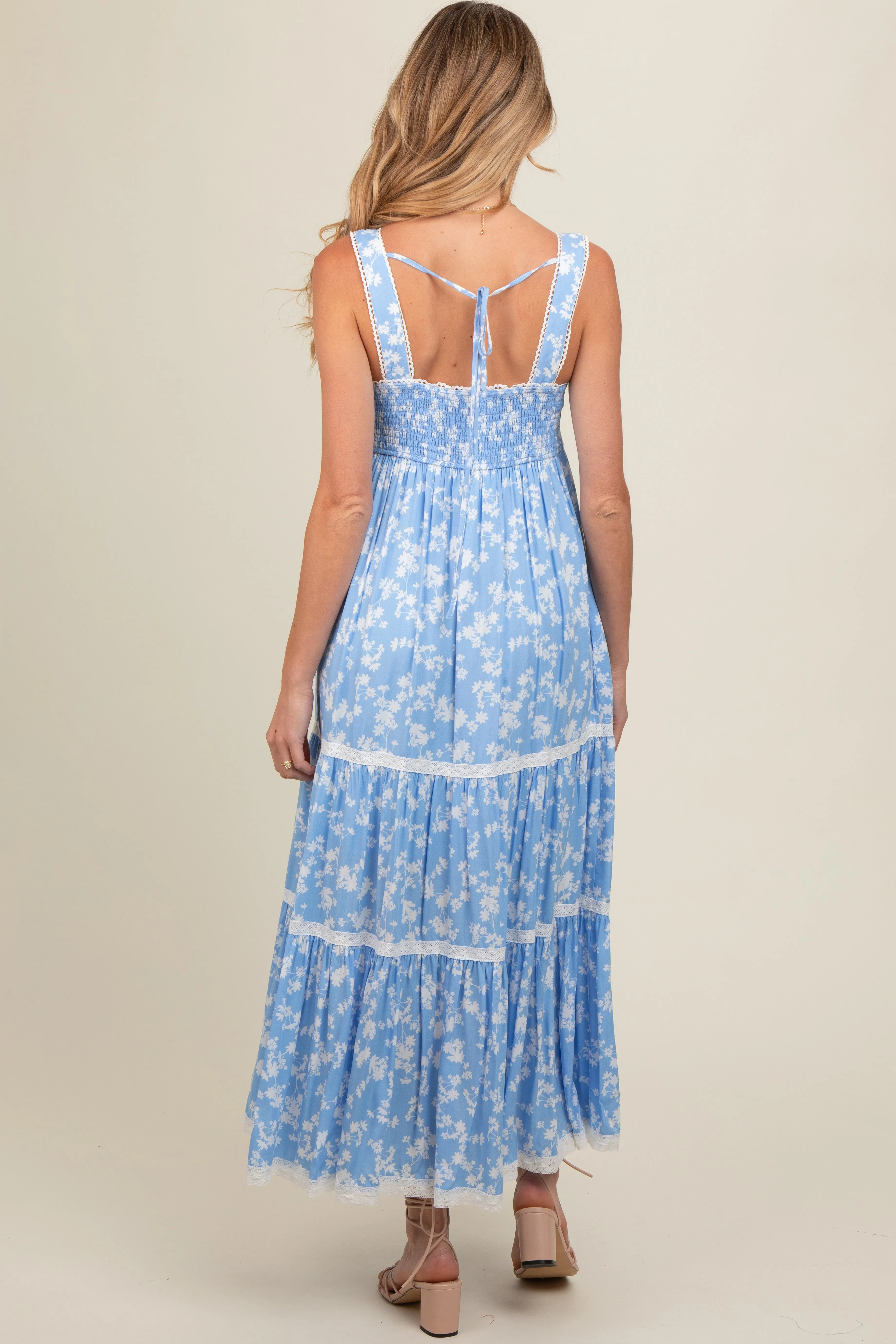 Light Blue Floral Lace Trim Tiered Maternity Maxi Dress sold by Pinkblush product image thumbnail 2