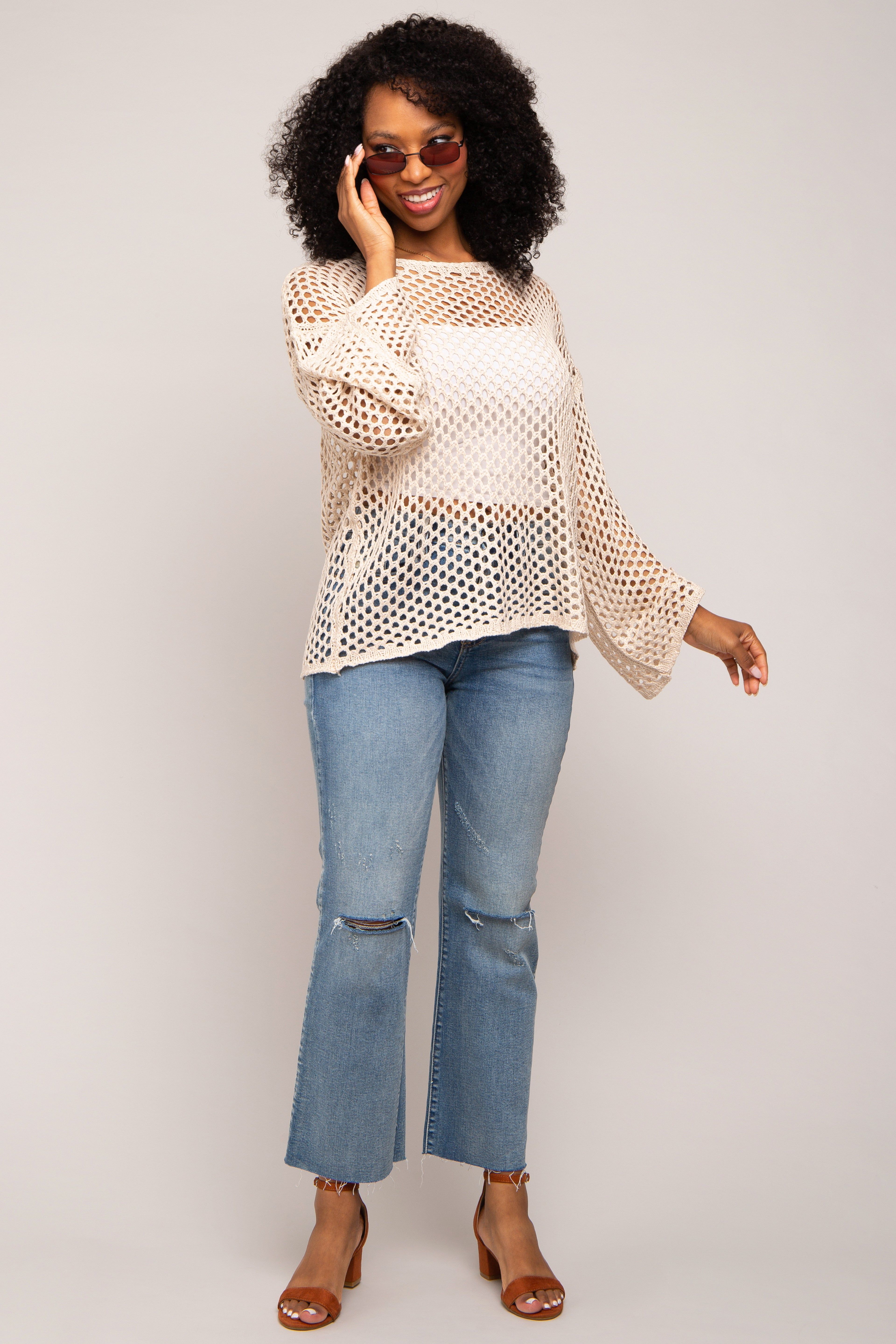 Beige Open Knit Bell Sleeve Sweater sold by Pinkblush product image thumbnail 4