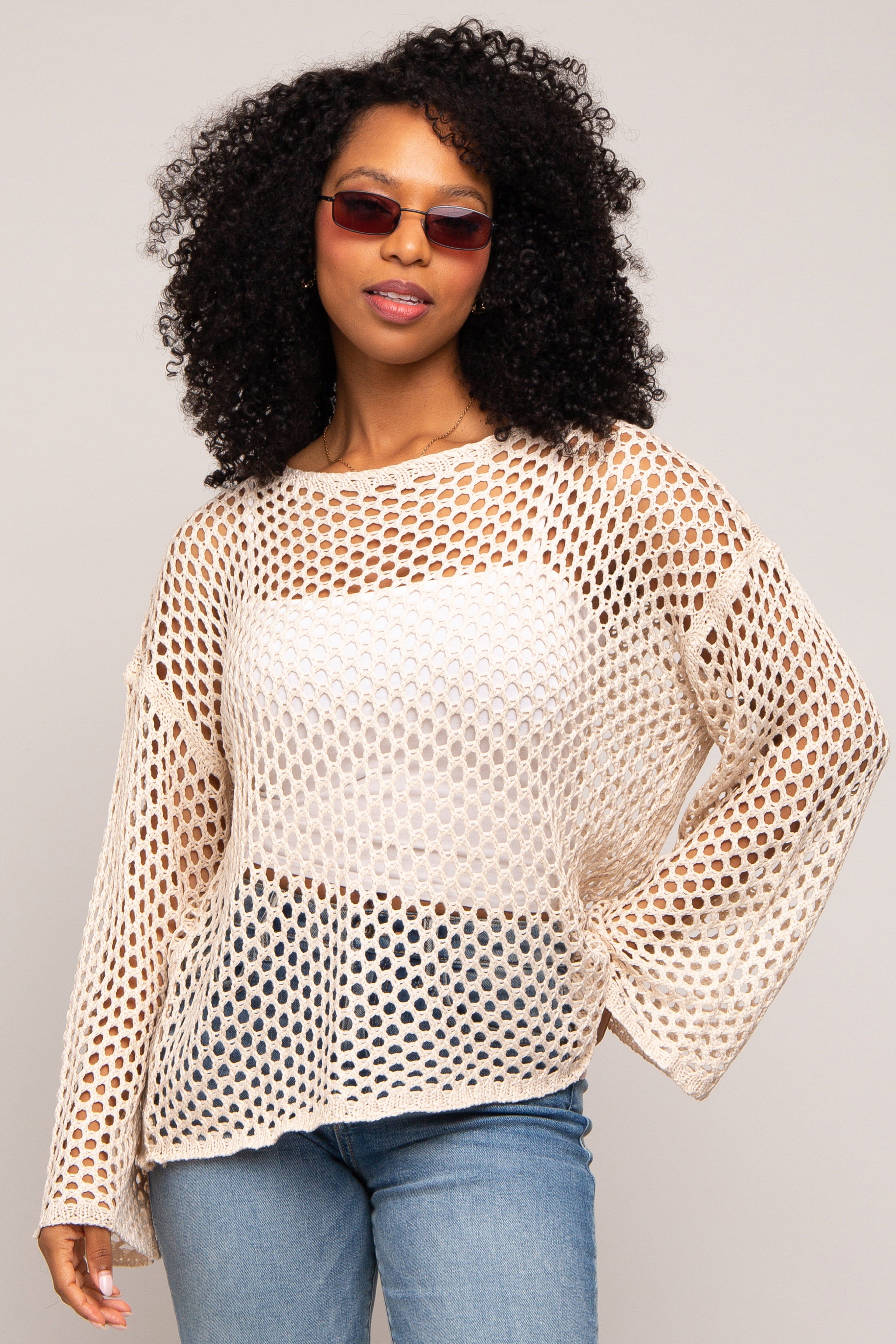 Beige Open Knit Bell Sleeve Sweater sold by Pinkblush