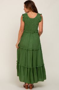 Green Smocked Ruffle Tier Maternity Maxi Dress sold by Pinkblush