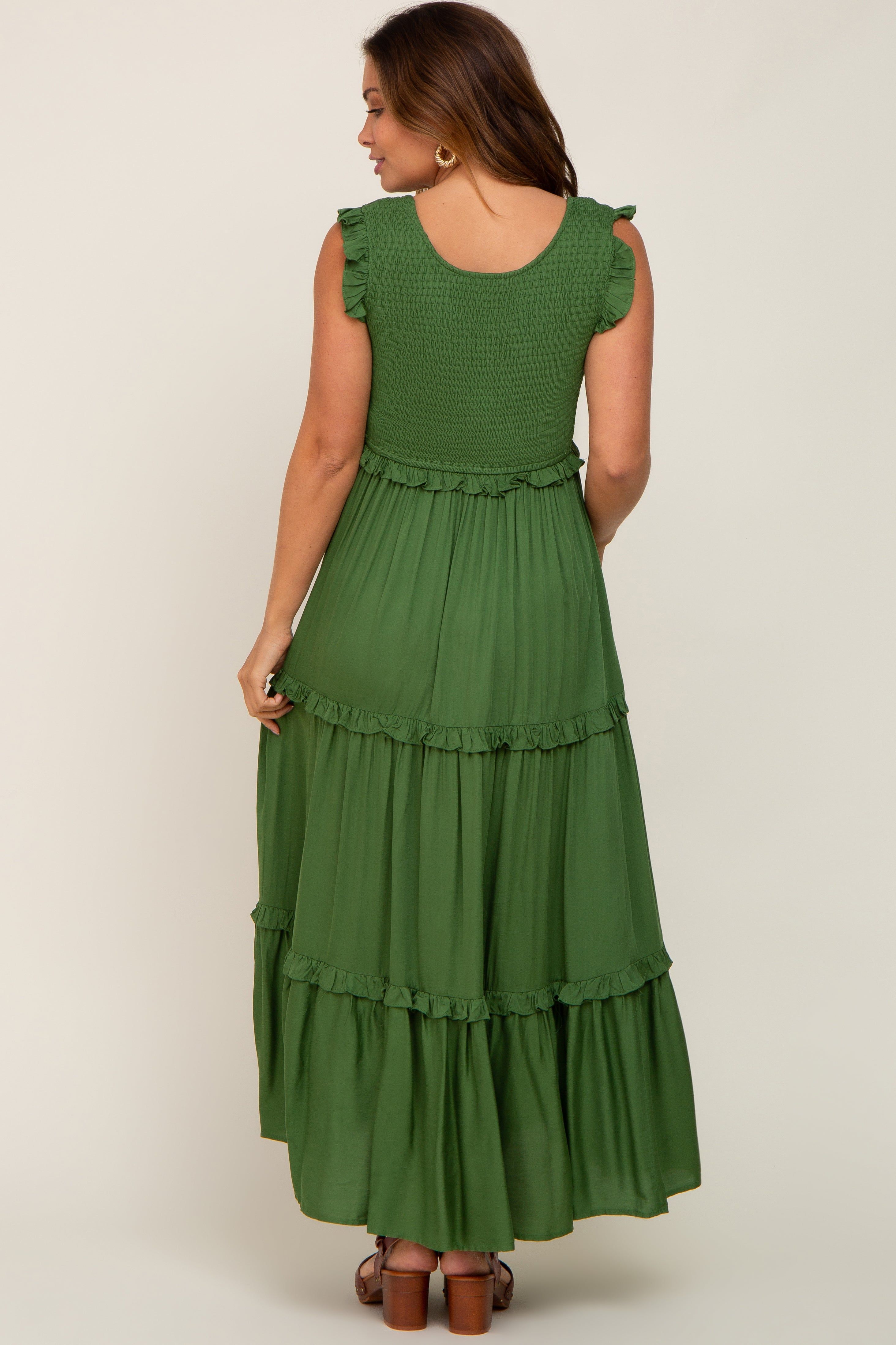 Green Smocked Ruffle Tier Maternity Maxi Dress sold by Pinkblush product image thumbnail 3