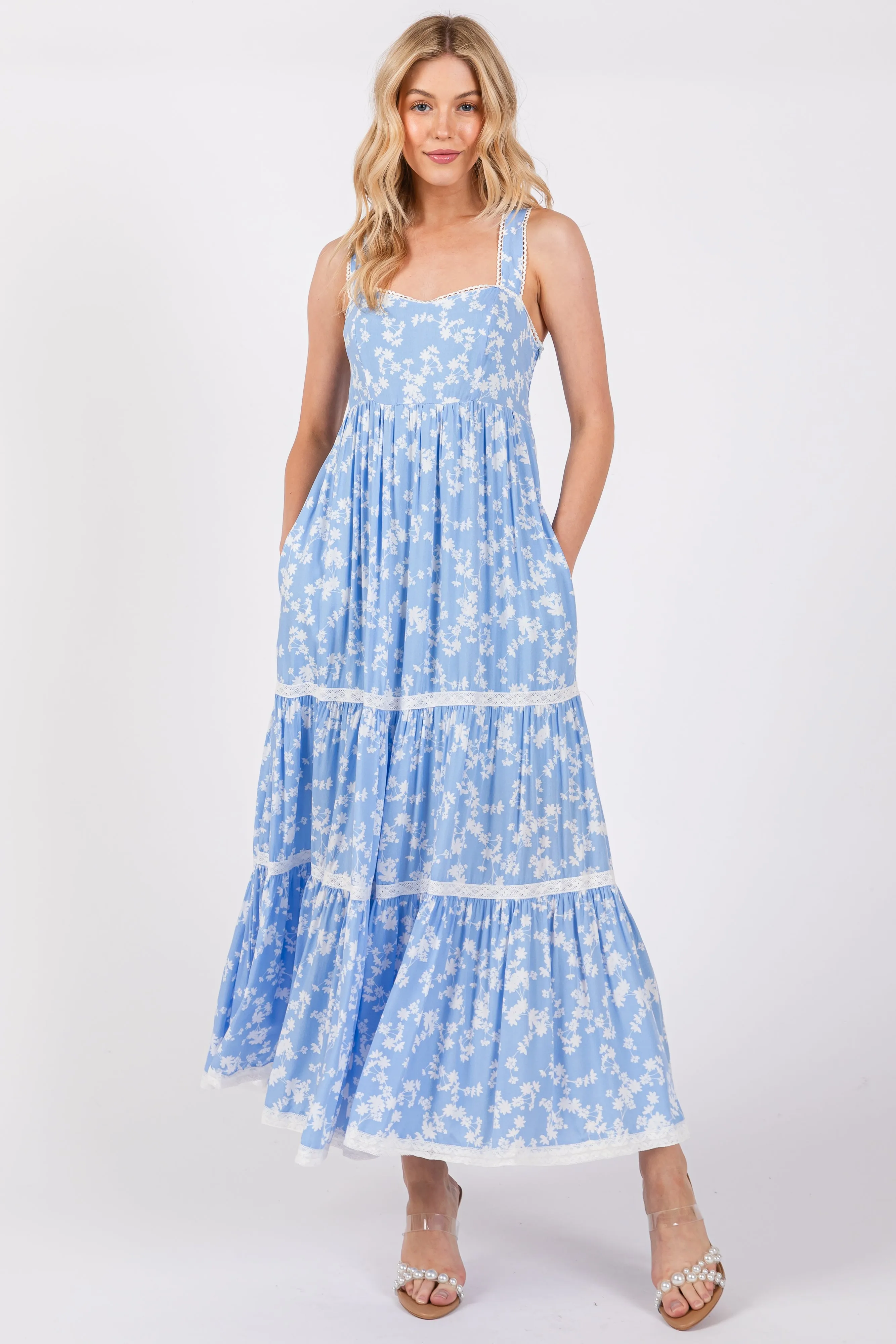Light Blue Floral Lace Trim Tiered Maternity Maxi Dress sold by Pinkblush product image thumbnail 3