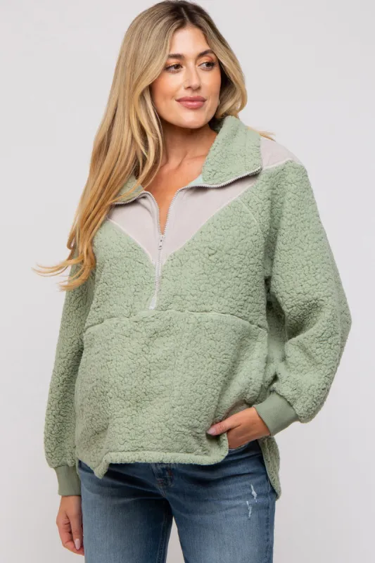 Green Colorblock Half Zip Fleece Maternity Pullover sold by Pinkblush