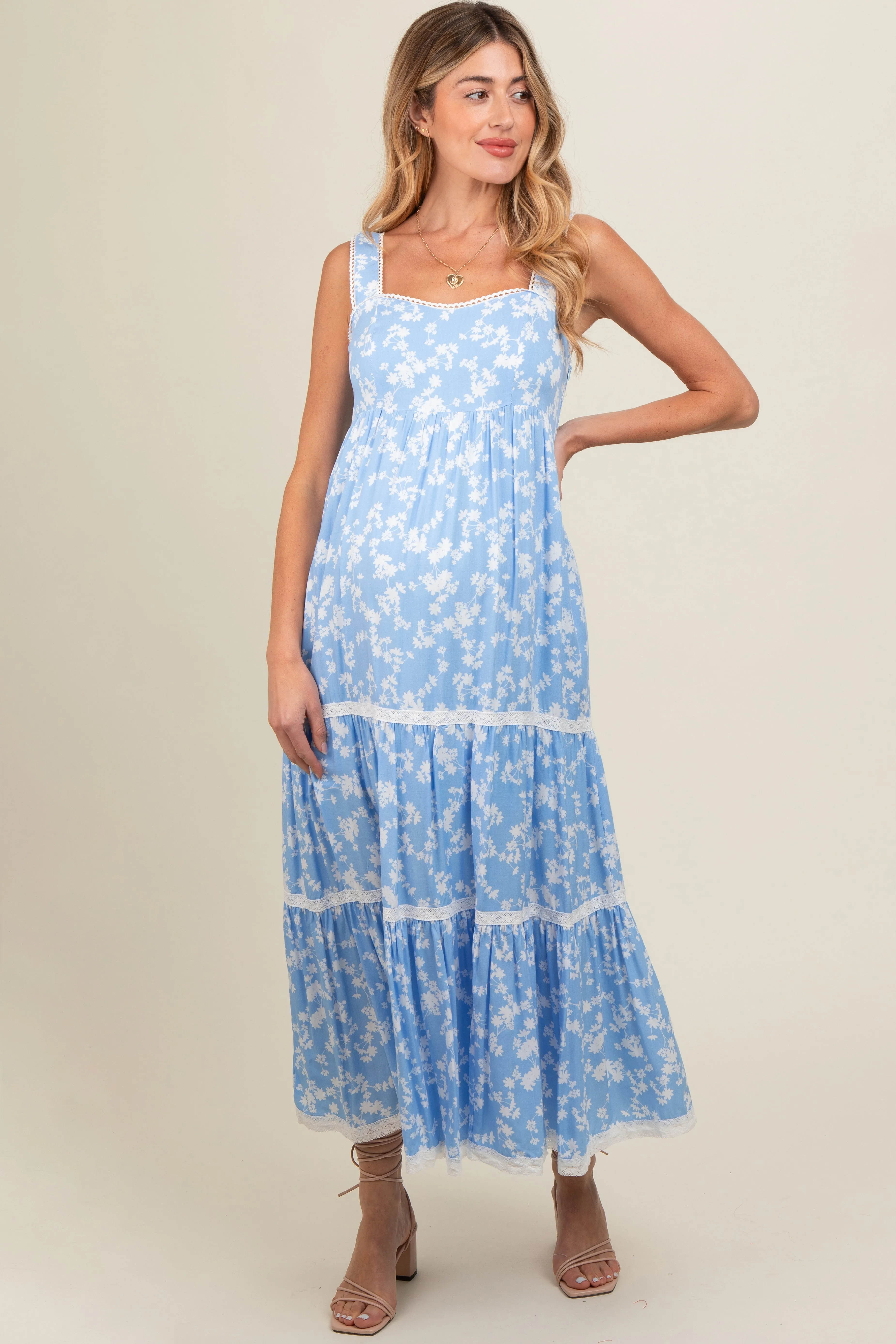 Light Blue Floral Lace Trim Tiered Maternity Maxi Dress sold by Pinkblush