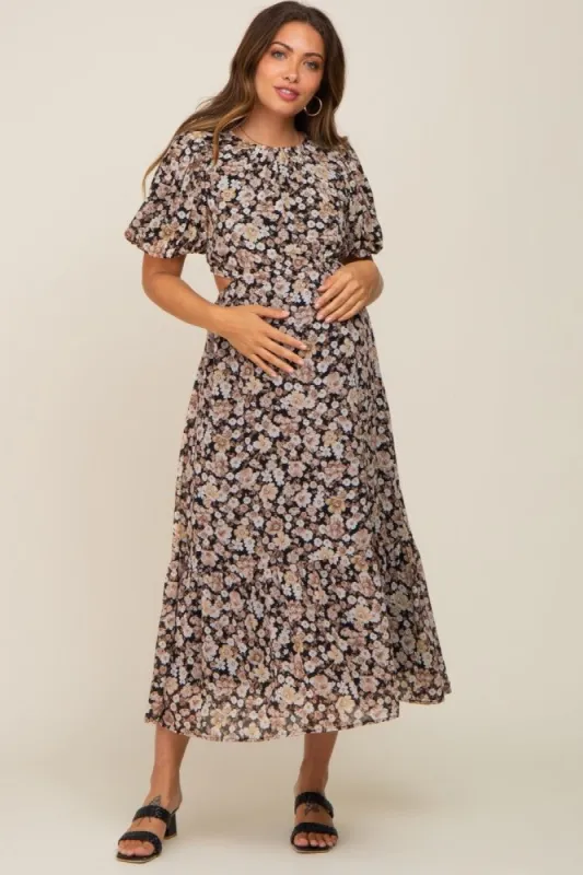 Black Floral Chiffon Back Cutout Short Puff Sleeve Maternity Midi Dress sold by Pinkblush