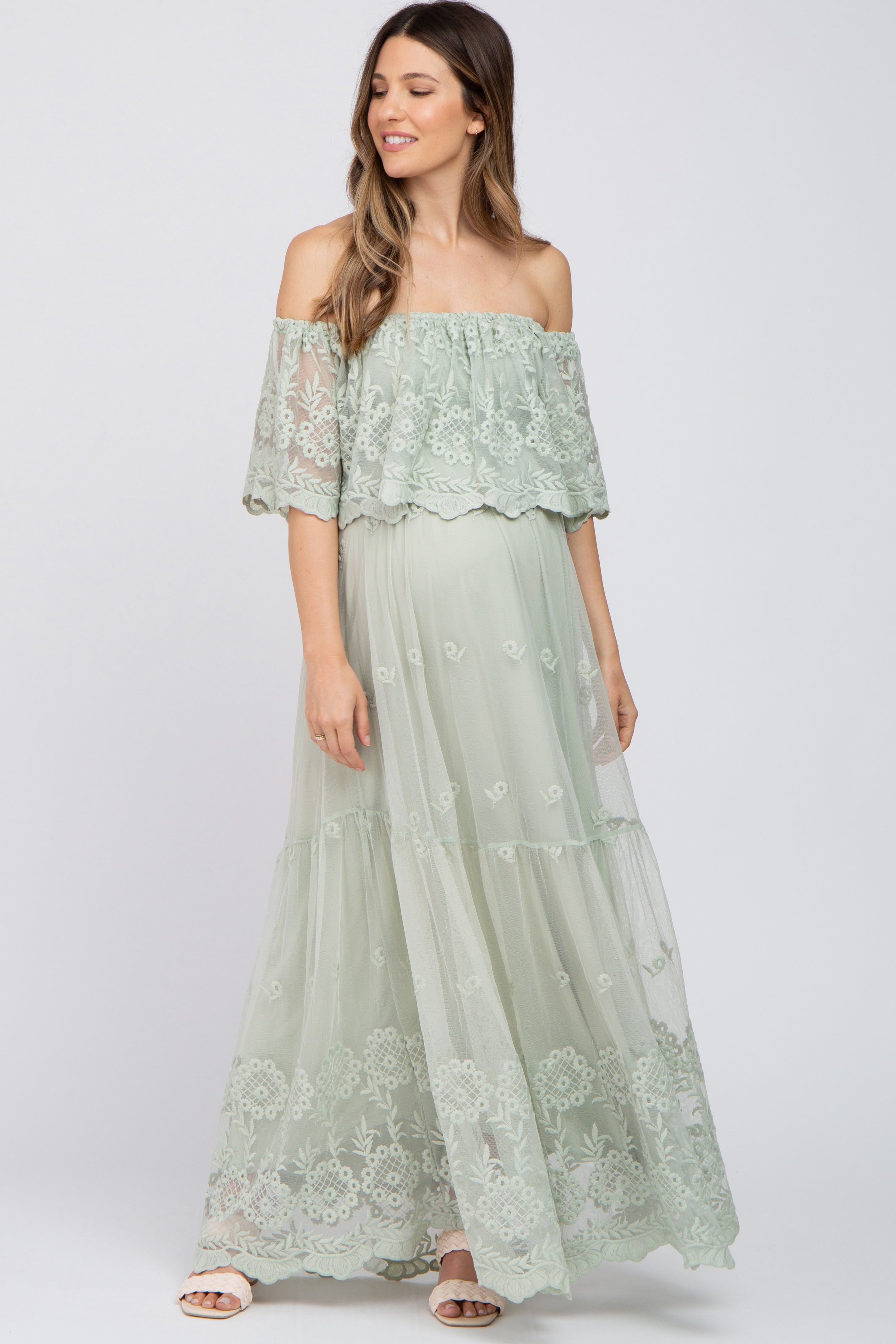 Light Green Lace Overlay Off Shoulder Maternity Maxi Dress sold by Pinkblush