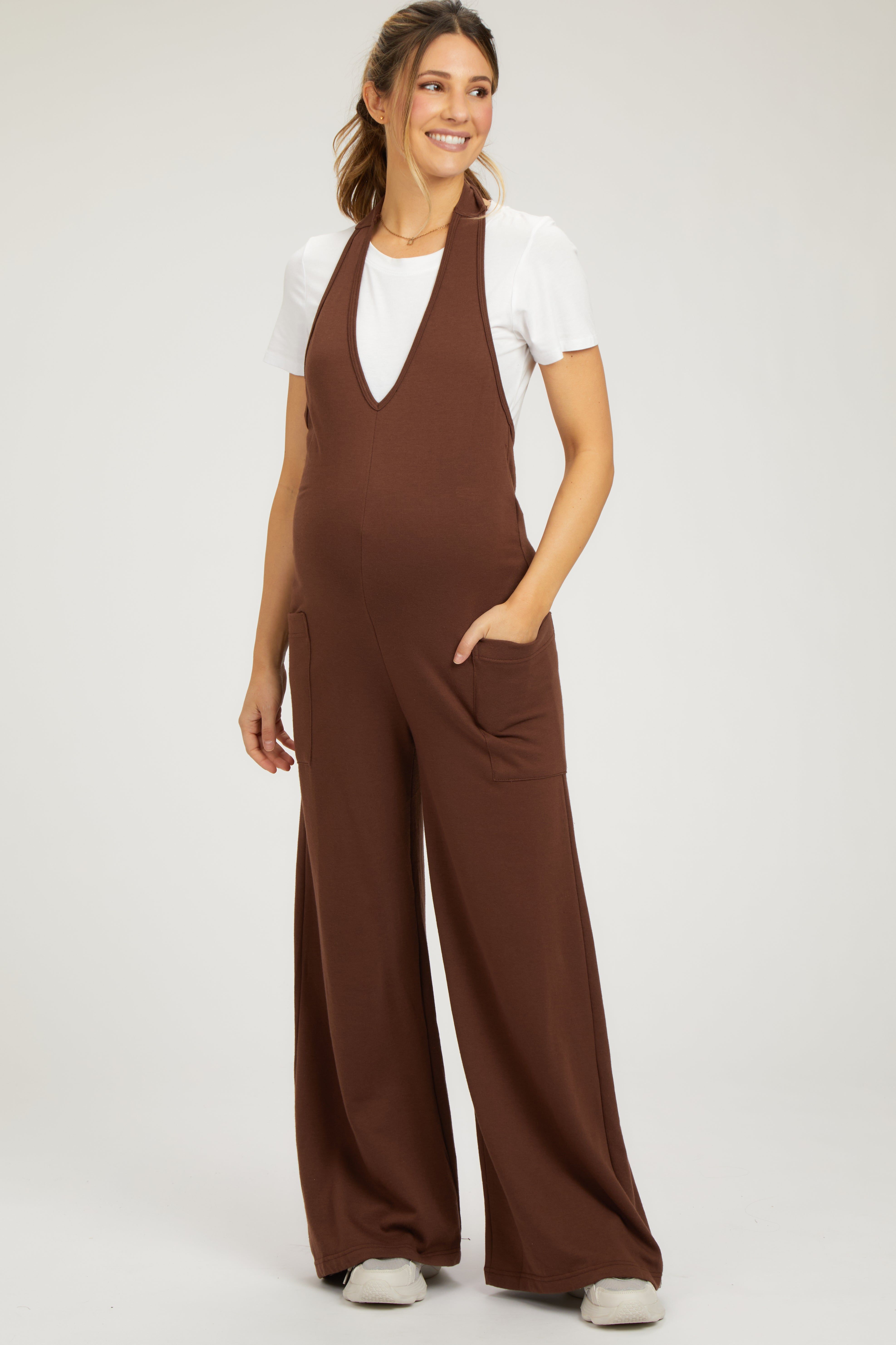 Brown Halter Front Pocket Knit Maternity Jumpsuit sold by Pinkblush