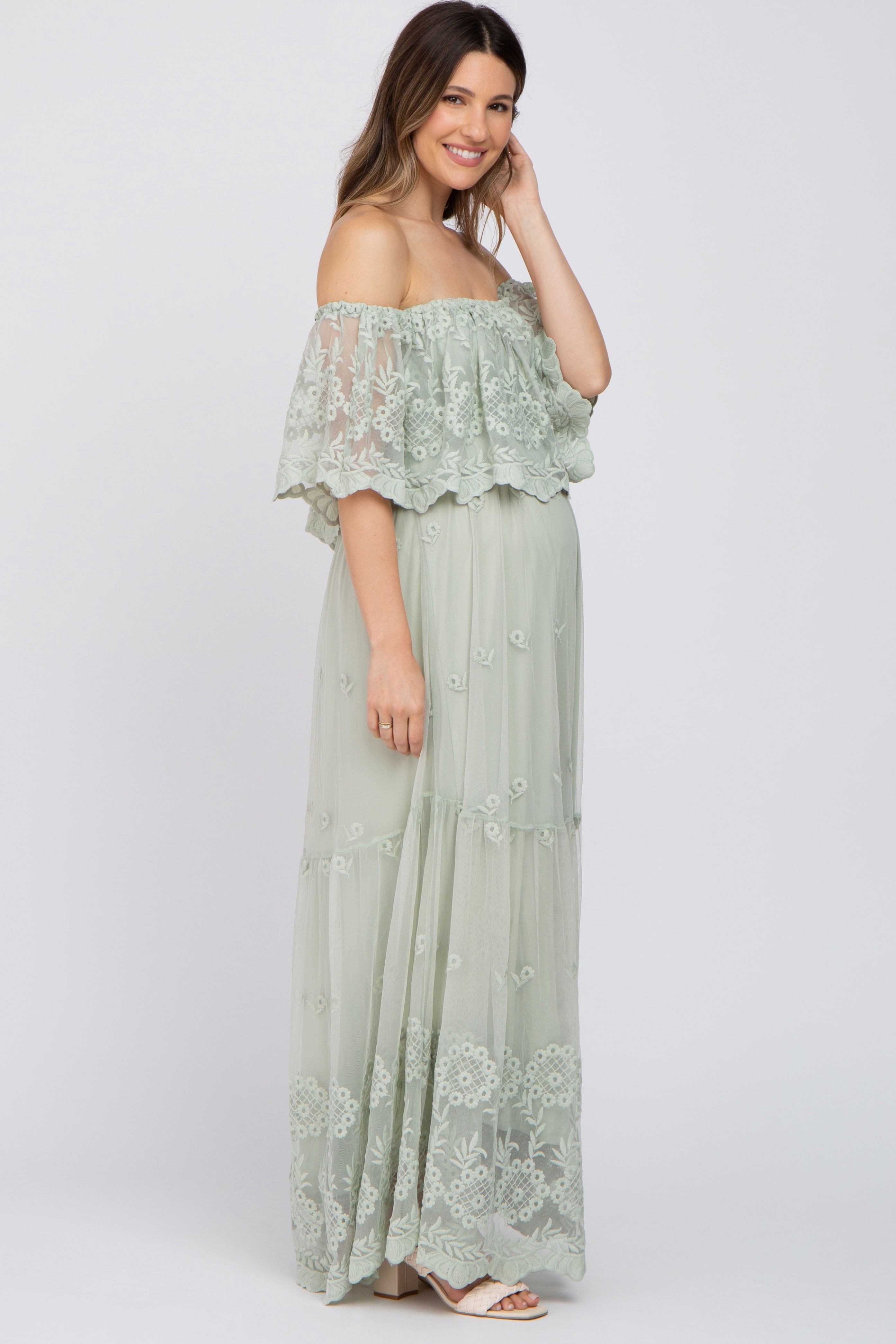 Light Green Lace Overlay Off Shoulder Maternity Maxi Dress sold by Pinkblush product image thumbnail 2