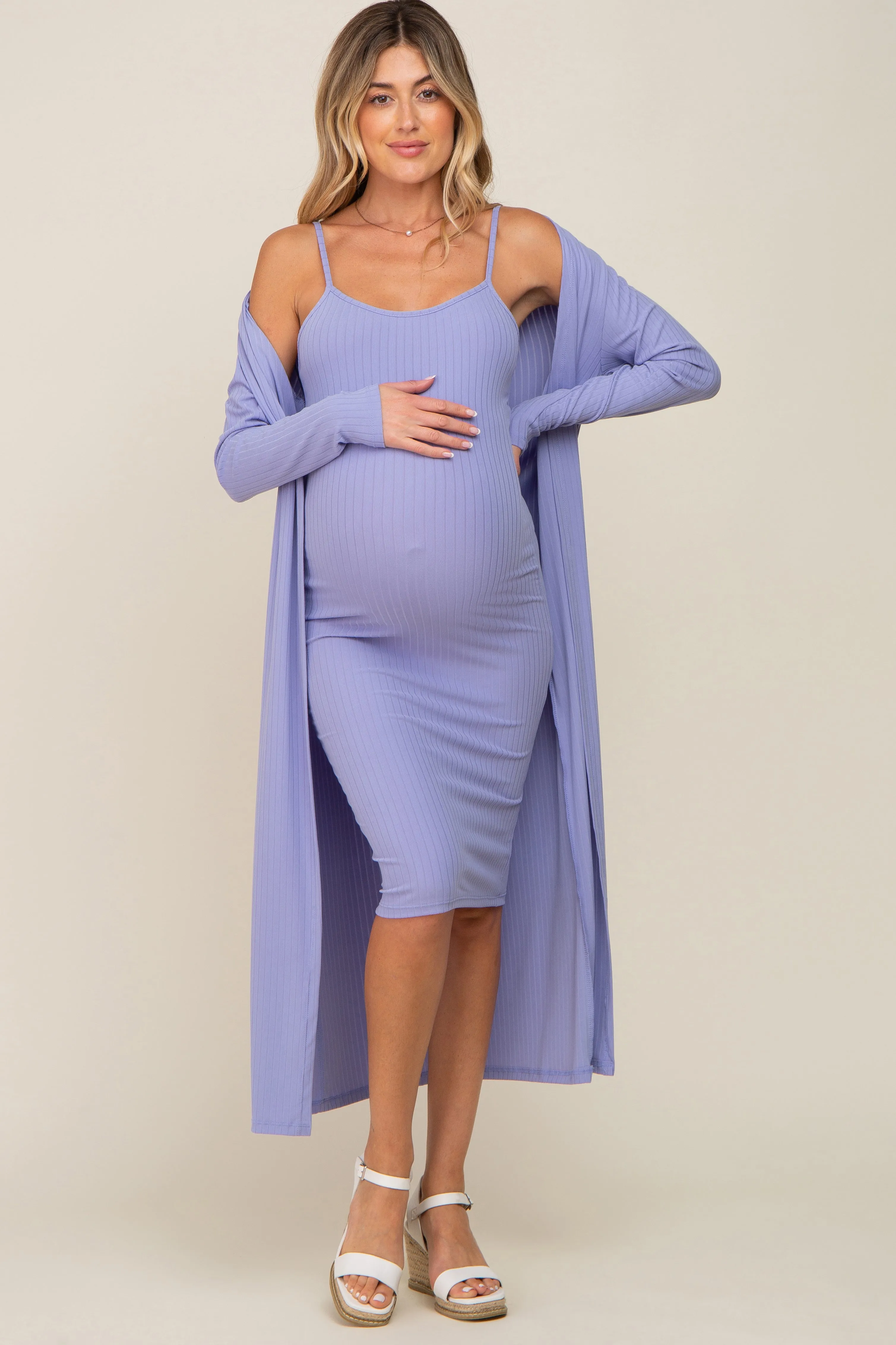 Lavender Ribbed Cardigan 2 Piece Maternity Set sold by Pinkblush product image thumbnail 2