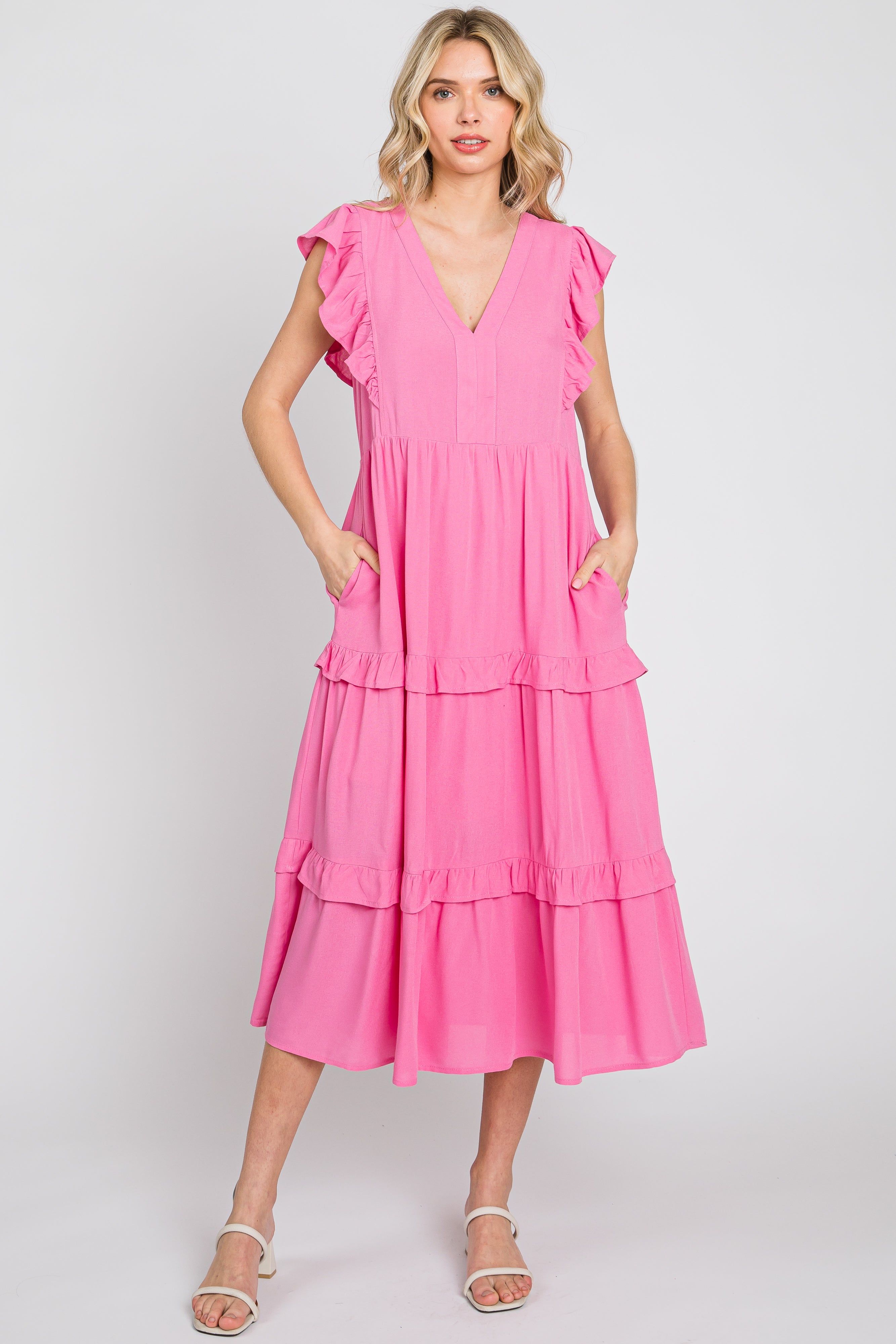 Pink Ruffle Accent Tiered Midi Dress sold by Pinkblush