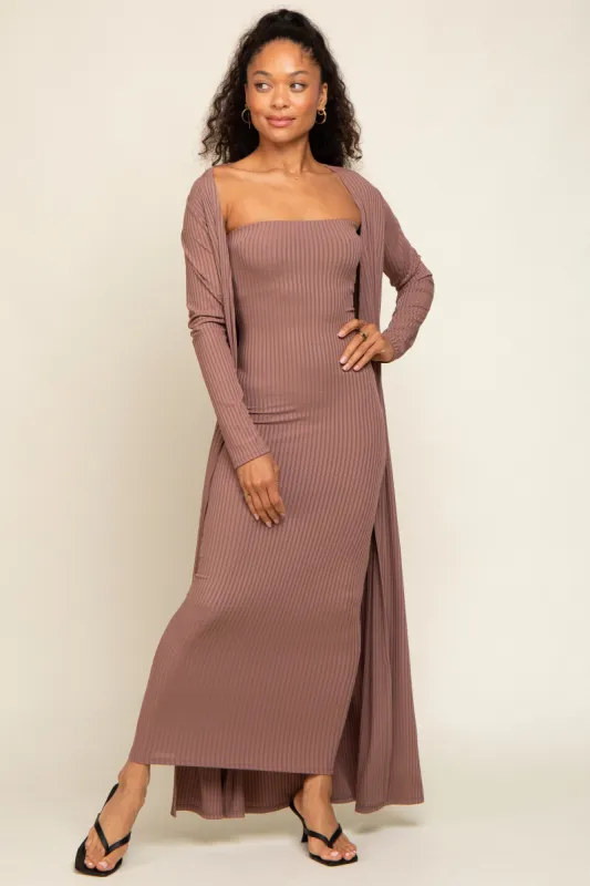 Mocha Ribbed Sleeveless Dress Cardigan Set sold by Pinkblush