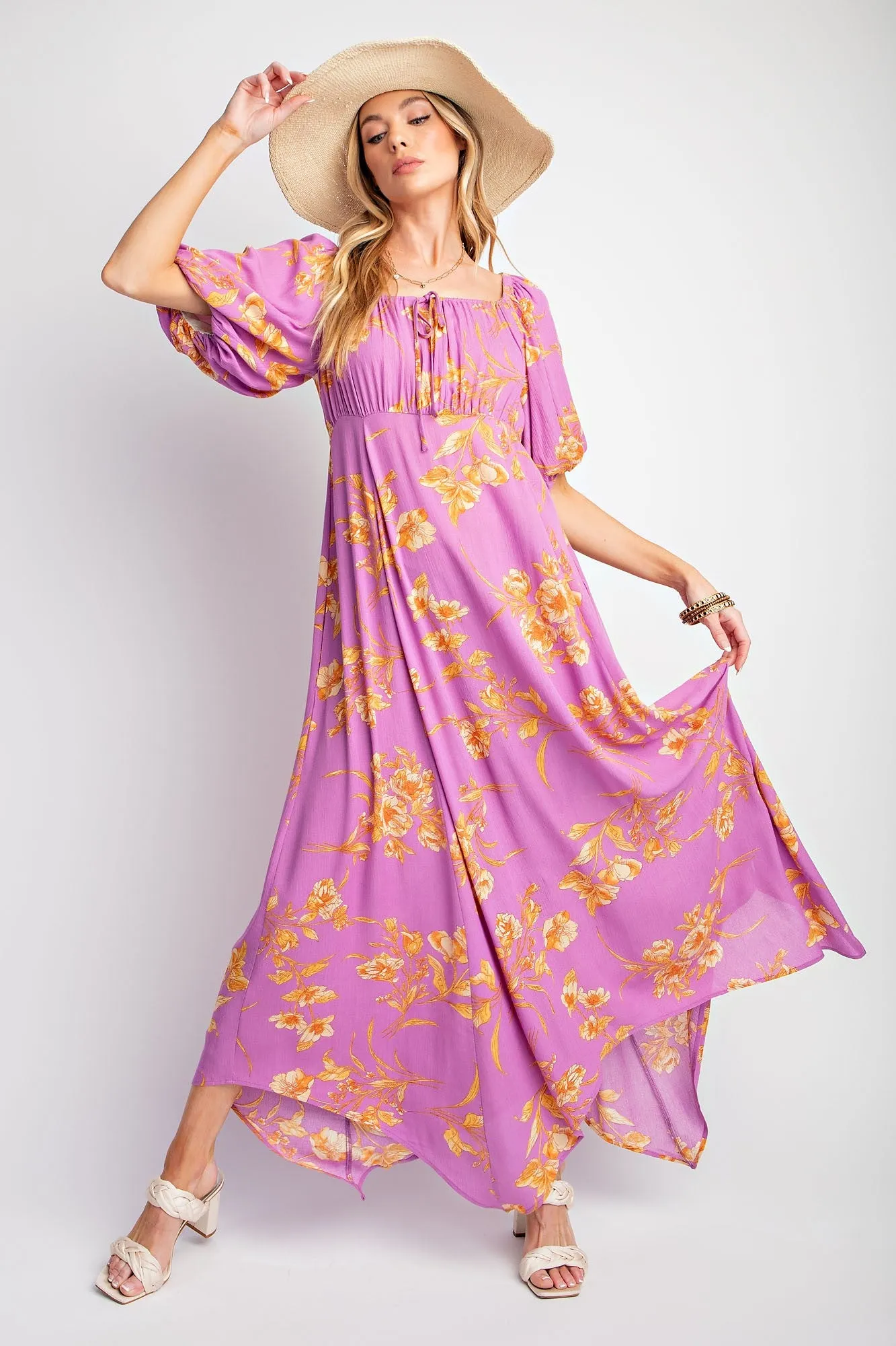 Lavender Floral Puff Sleeve Maxi Dress sold by Pinkblush
