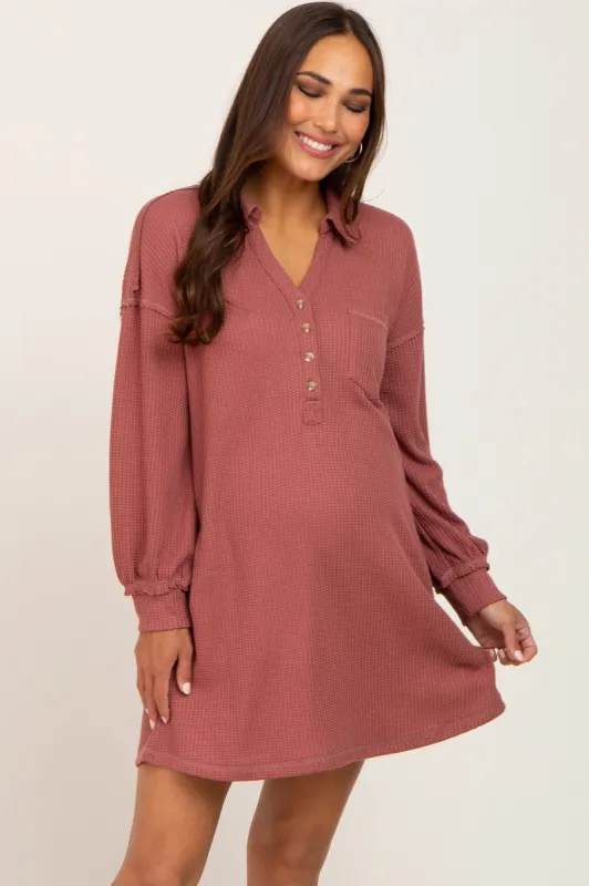 Mauve Waffle Knit Collared Long Sleeve Maternity Dress sold by Pinkblush