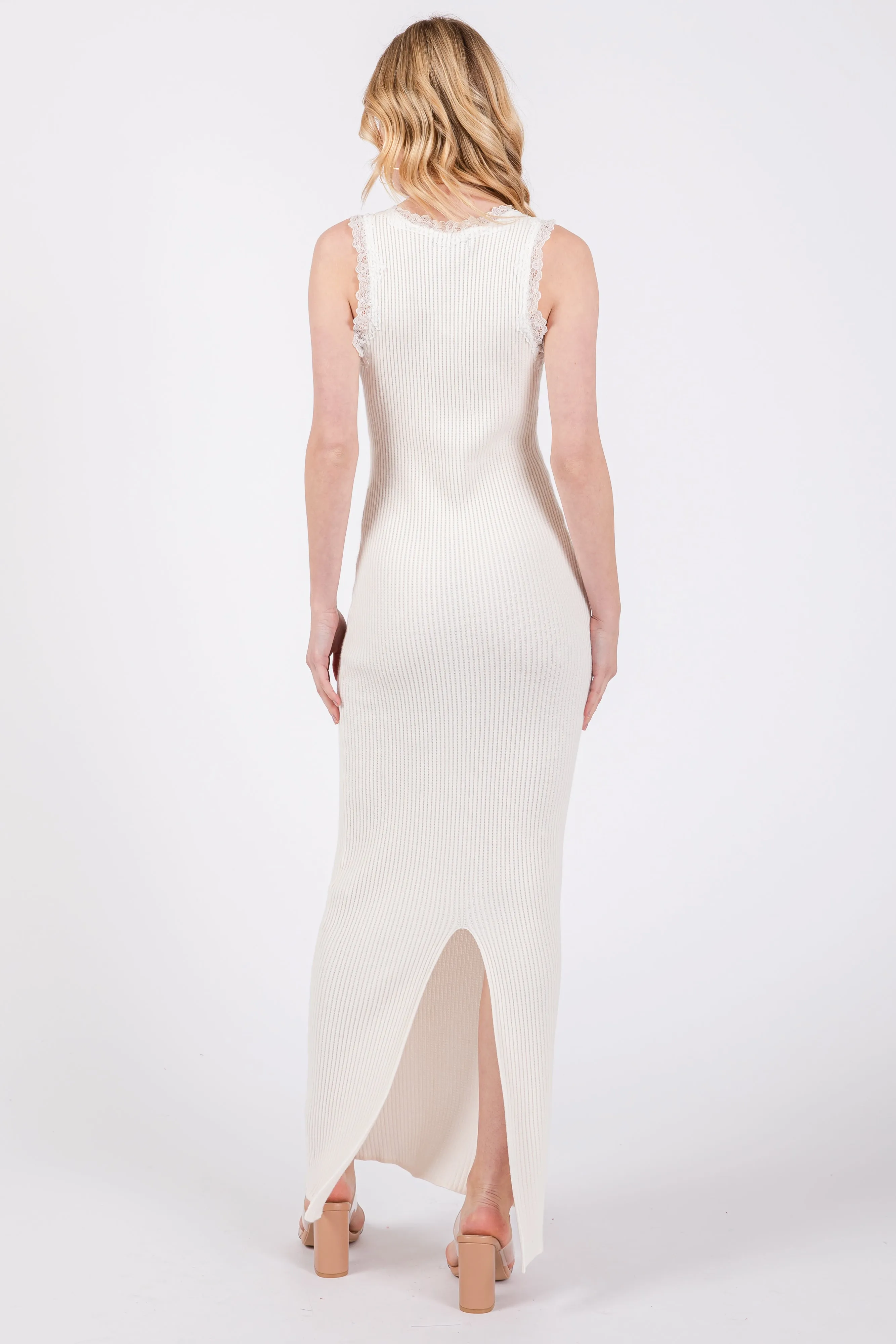 Ivory Ribbed Lace Flower Accent Maxi Dress sold by Pinkblush product image thumbnail 3