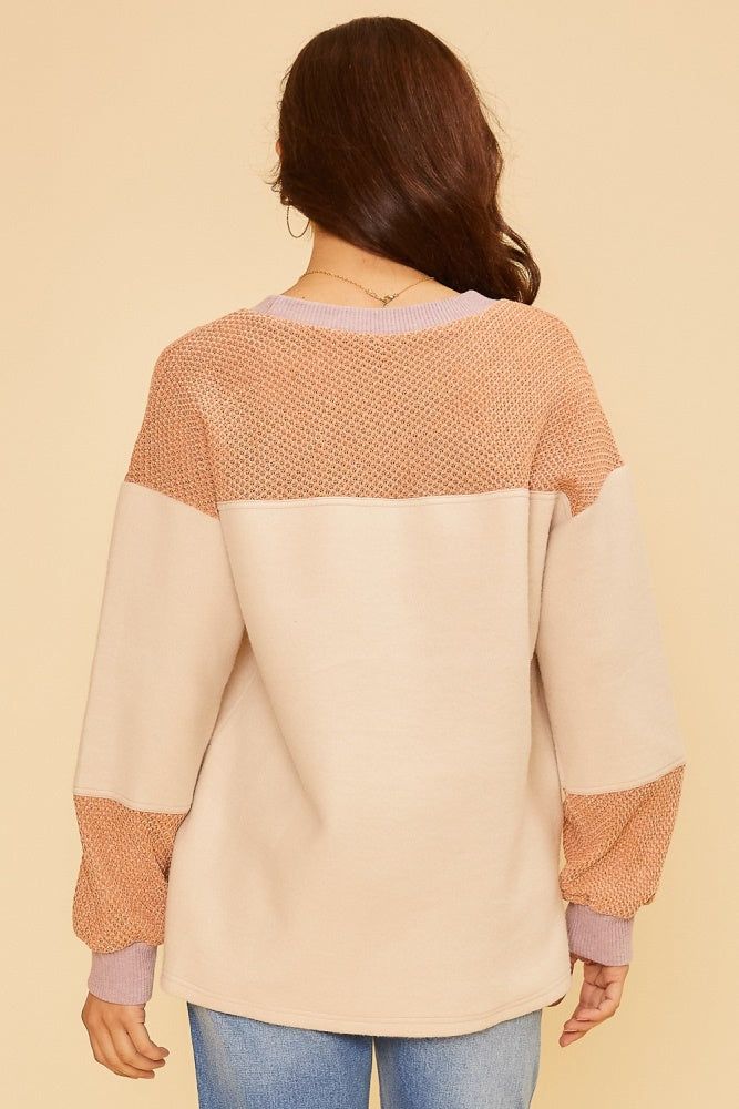 Beige Apricot Textured Detail Crew Neck Color Block Sweatshirt sold by Pinkblush product image thumbnail 3