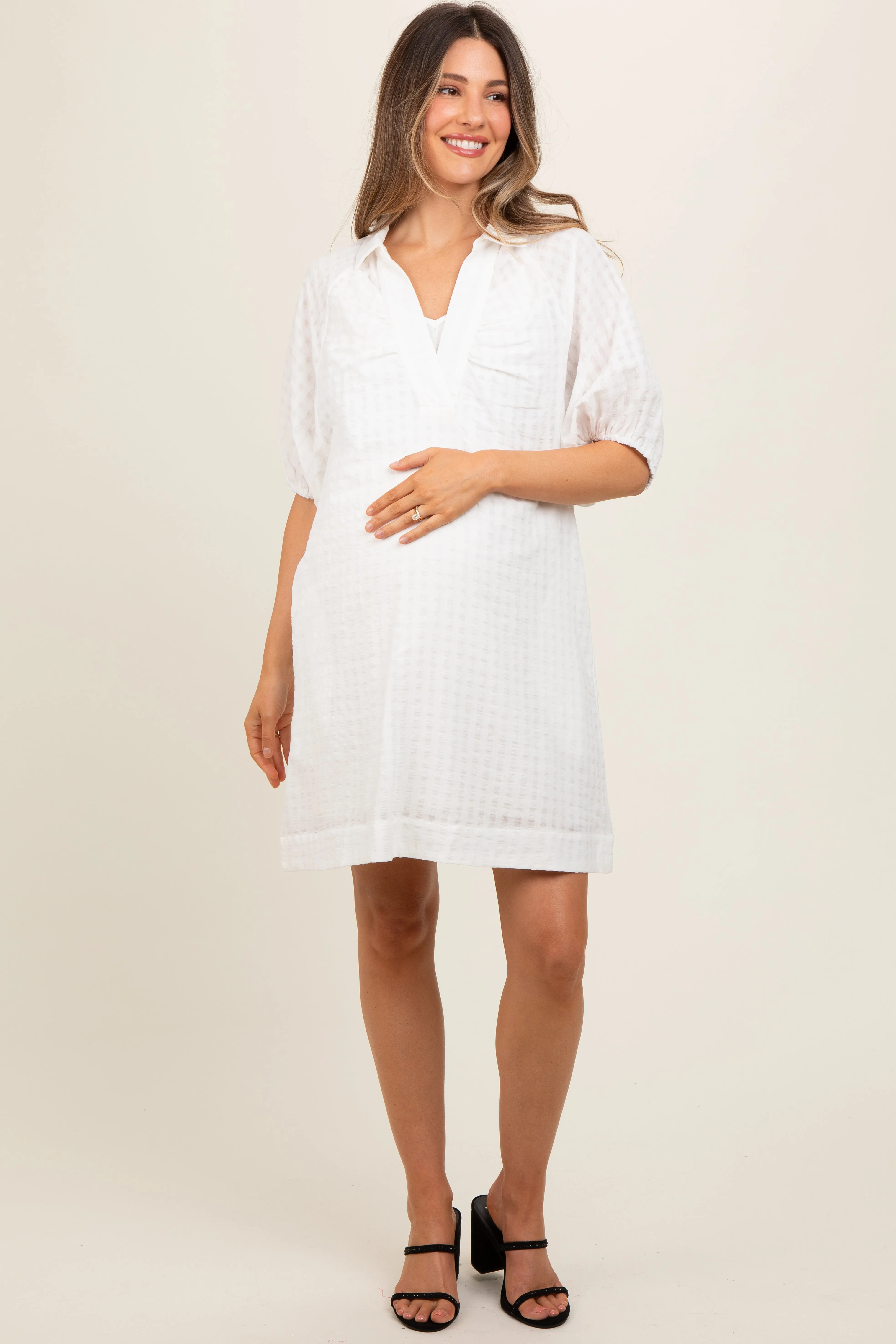 White Monochrome Striped Maternity Dress sold by Pinkblush product image thumbnail 2