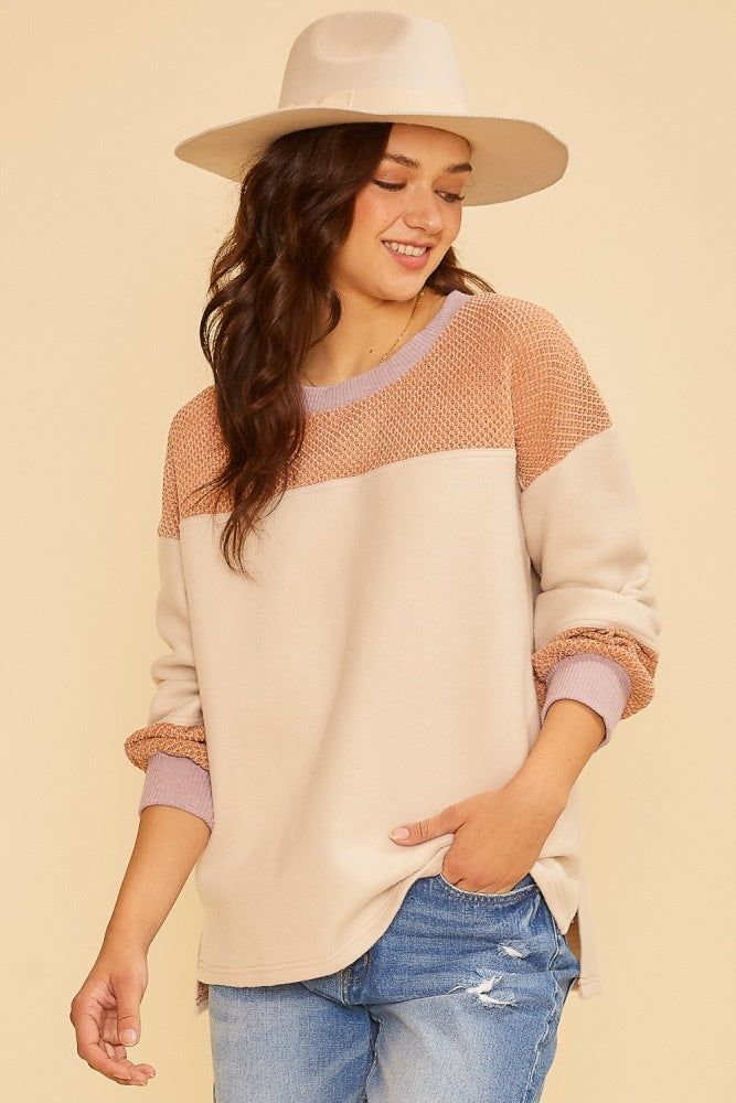 Beige Apricot Textured Detail Crew Neck Color Block Sweatshirt sold by Pinkblush