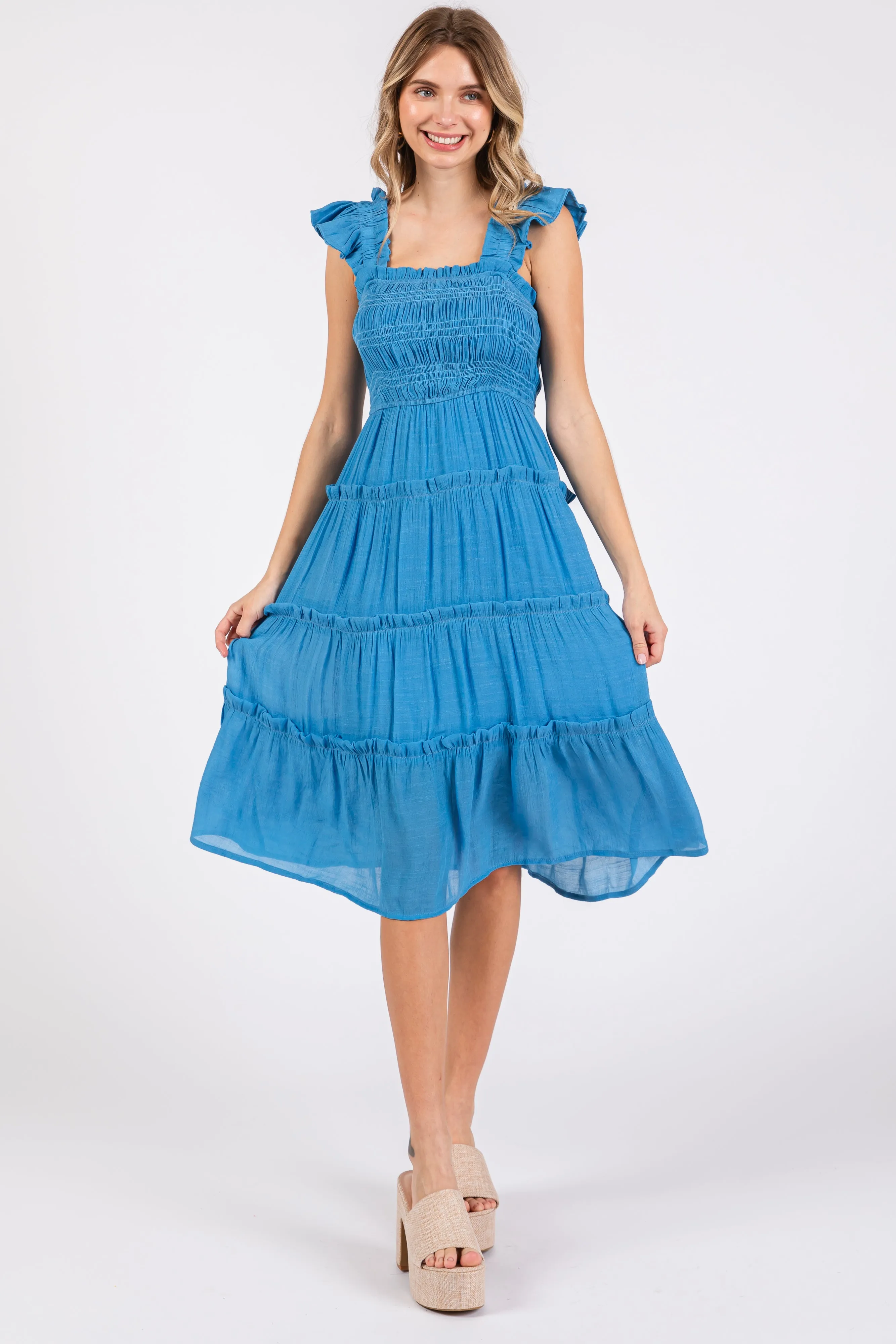 Blue Sleeveless Smocked Tiered Maternity Midi Dress sold by Pinkblush product image thumbnail 5