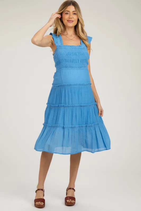 Blue Sleeveless Smocked Tiered Maternity Midi Dress sold by Pinkblush