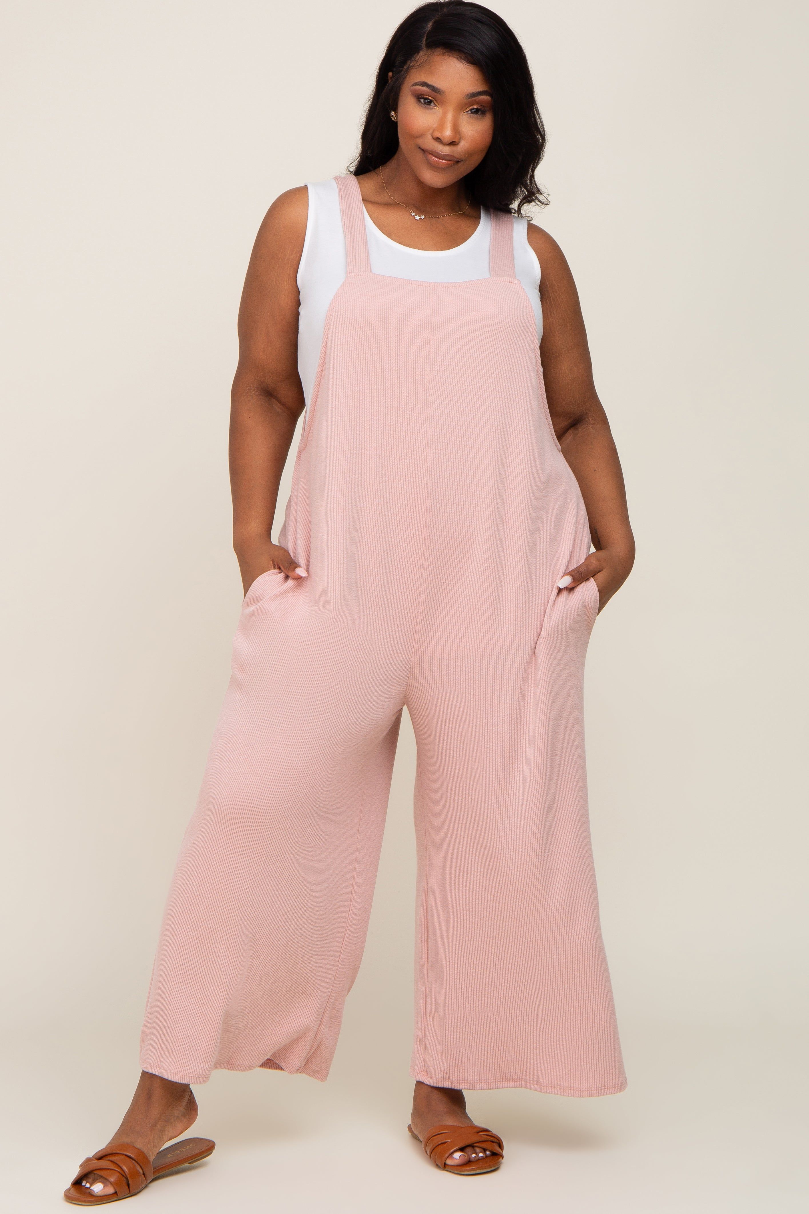 Light Pink Ribbed Plus Wide Leg Jumpsuit sold by Pinkblush product image thumbnail 4