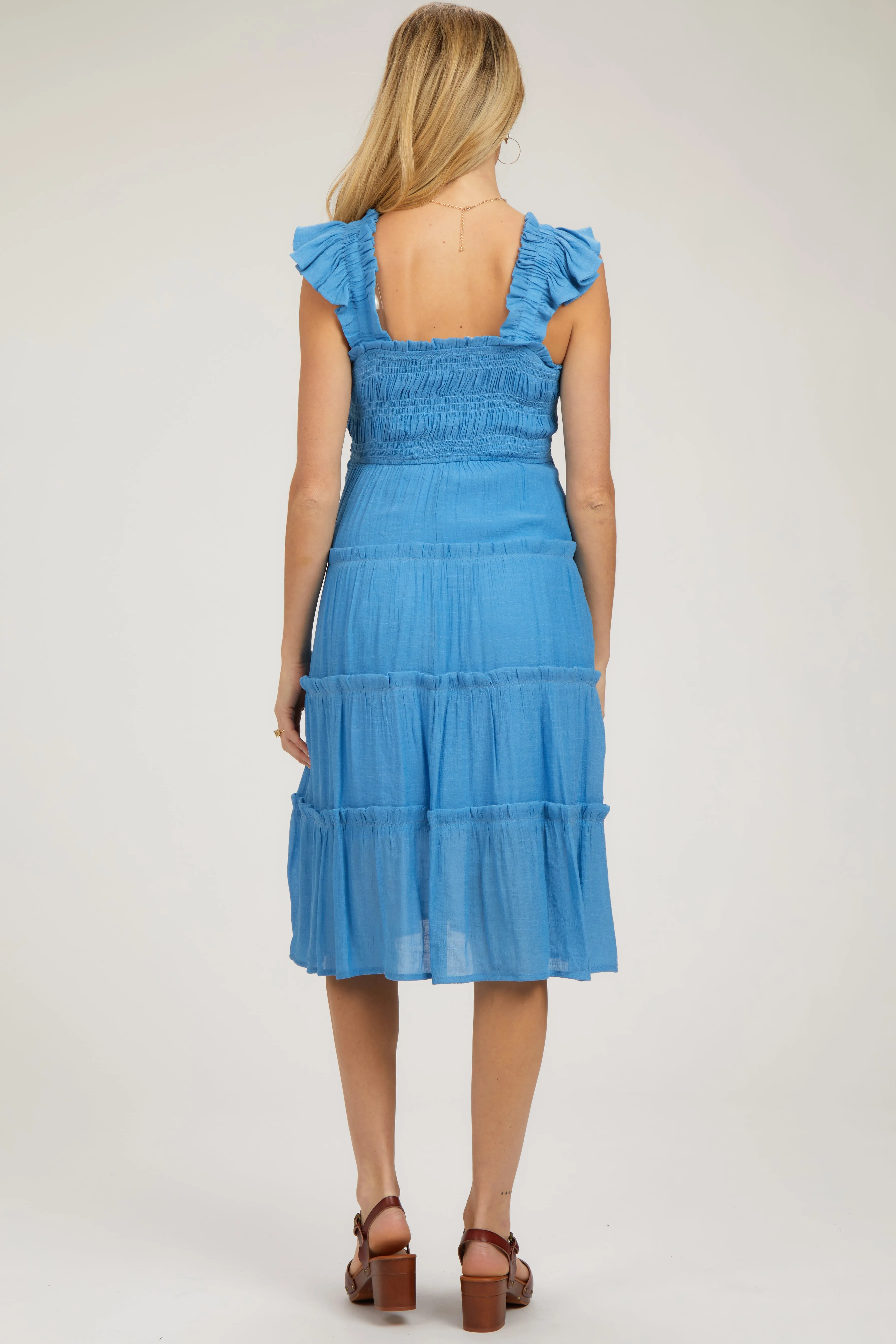 Blue Sleeveless Smocked Tiered Maternity Midi Dress sold by Pinkblush product image thumbnail 4