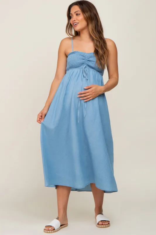 Blue Chambray Cinched Smocked Maternity Midi Dress sold by Pinkblush