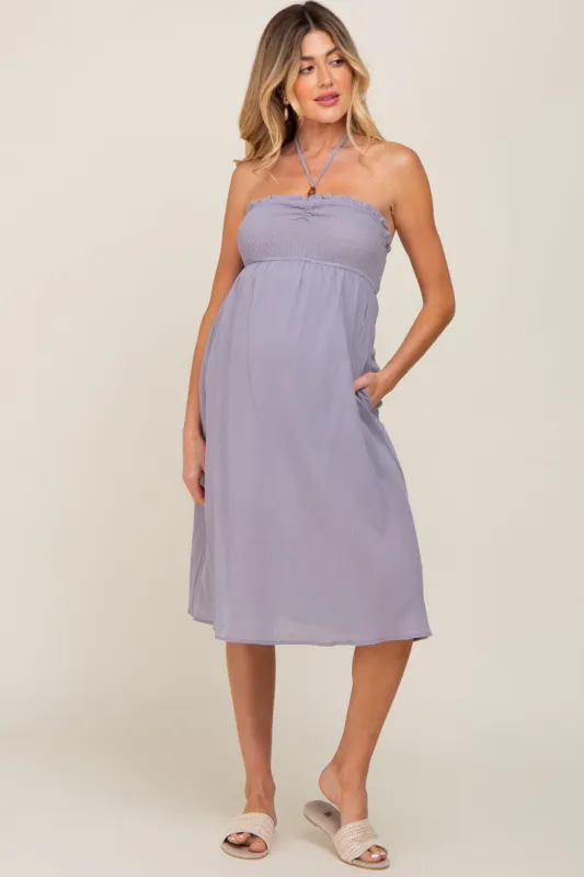 Grey Smocked Sleeveless Halter Maternity Midi Dress sold by Pinkblush