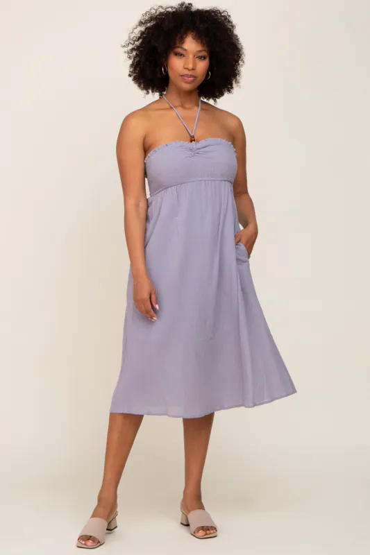 Grey Smocked Sleeveless Halter Midi Dress sold by Pinkblush
