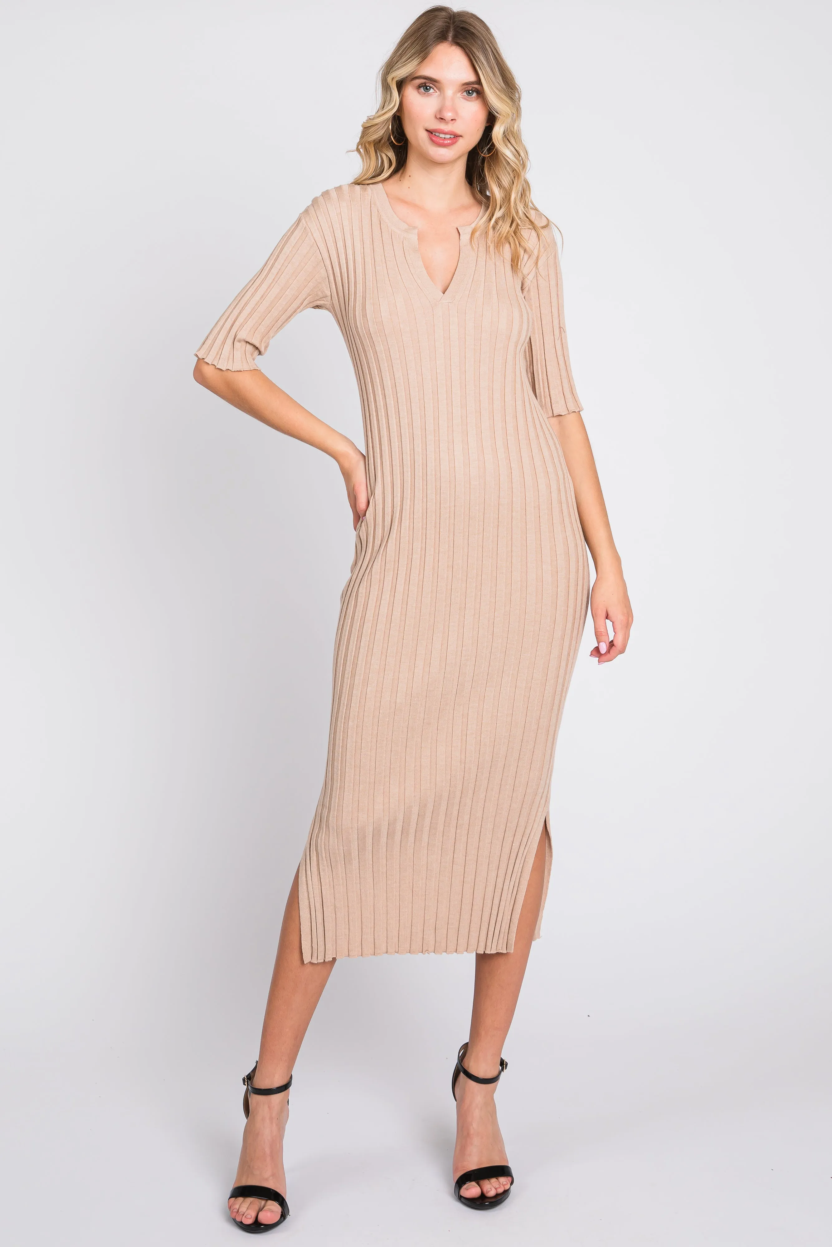 Beige Ribbed Knit Midi Dress sold by Pinkblush