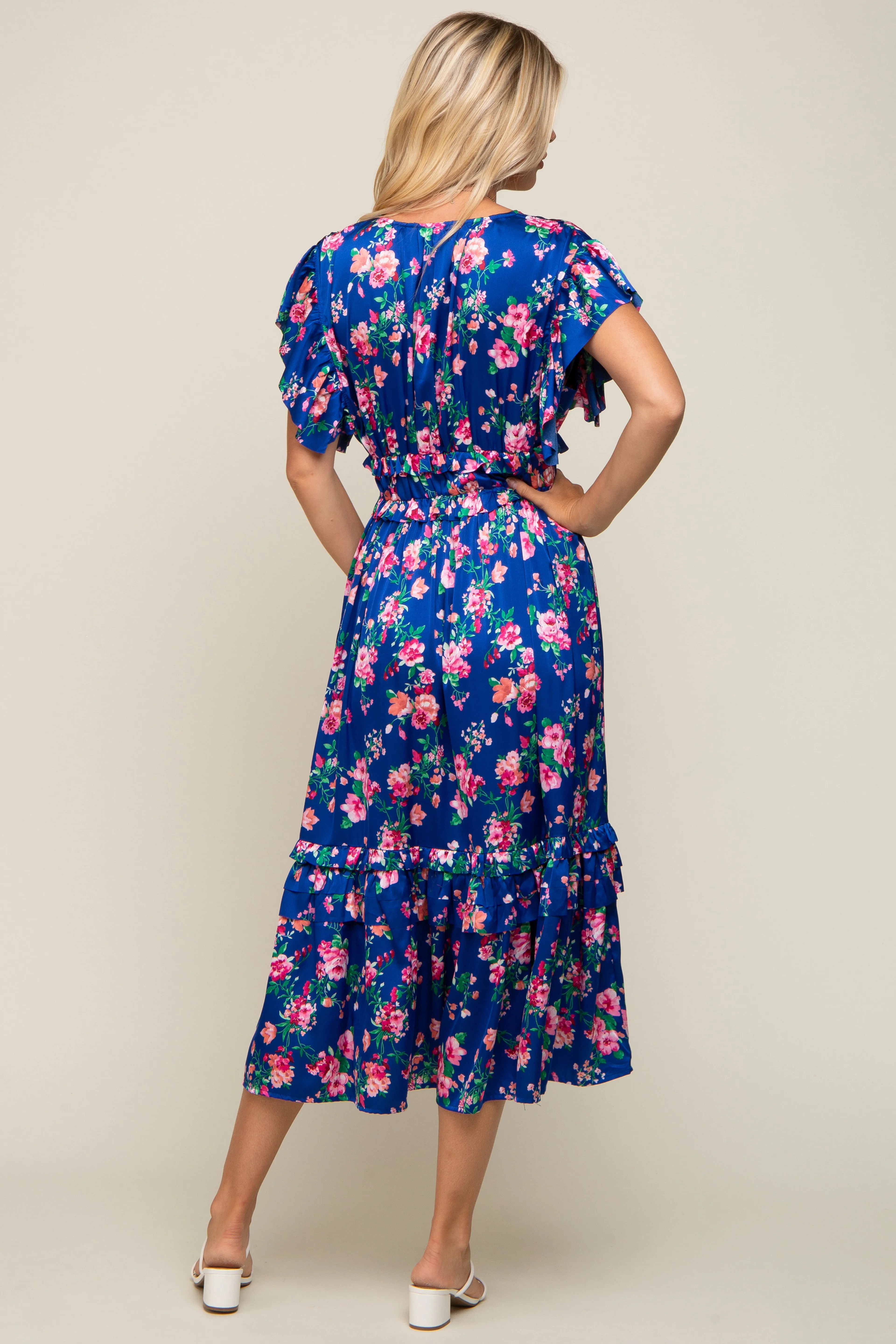 Royal Blue Floral Satin Ruffle Midi Dress sold by Pinkblush product image thumbnail 3