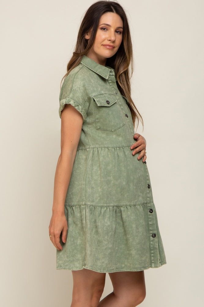 Olive Faded Denim Front Pocket Maternity Dress sold by Pinkblush product image thumbnail 2