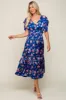 Royal Blue Floral Satin Ruffle Midi Dress sold by Pinkblush