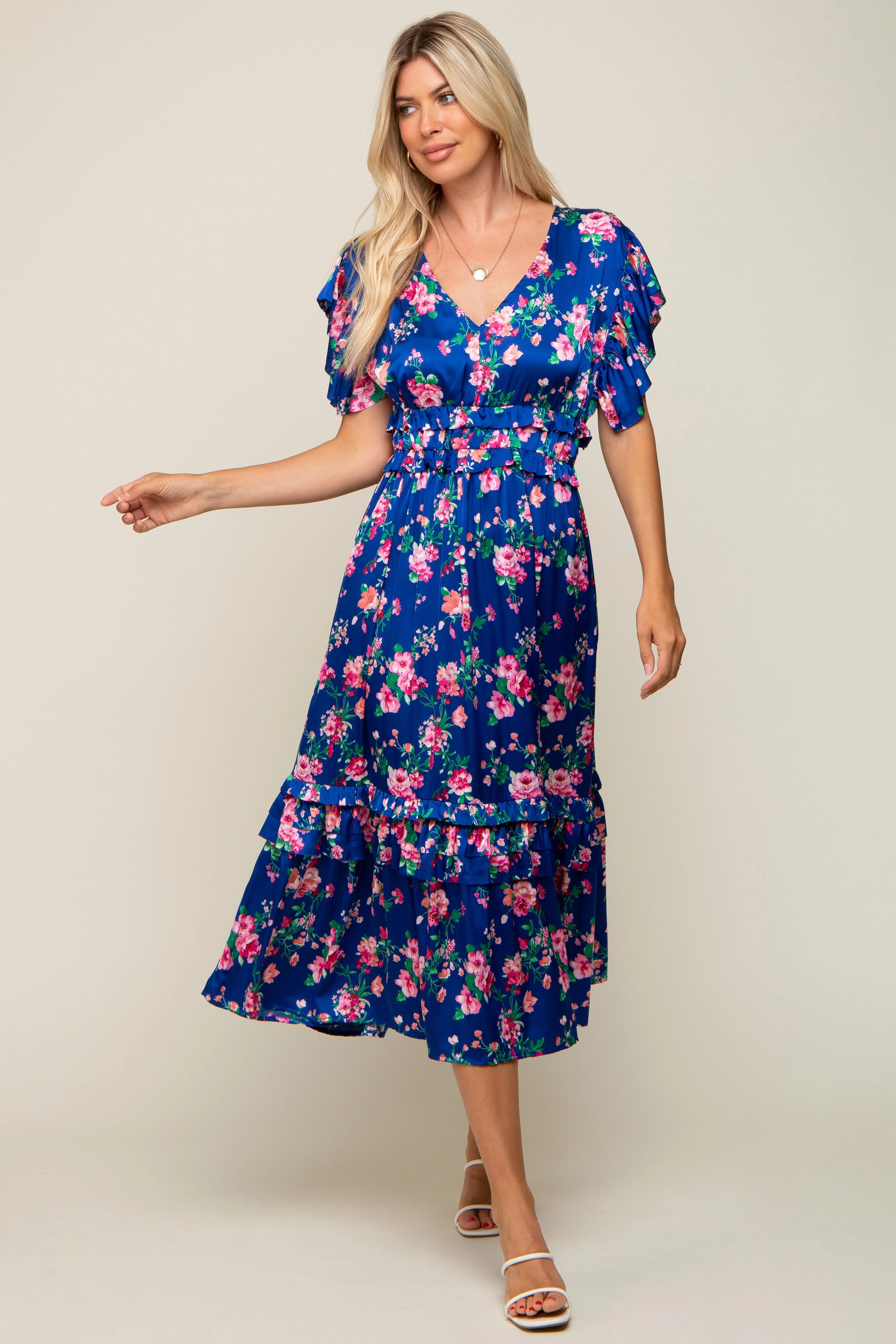 Royal Blue Floral Satin Ruffle Midi Dress sold by Pinkblush product image thumbnail 4