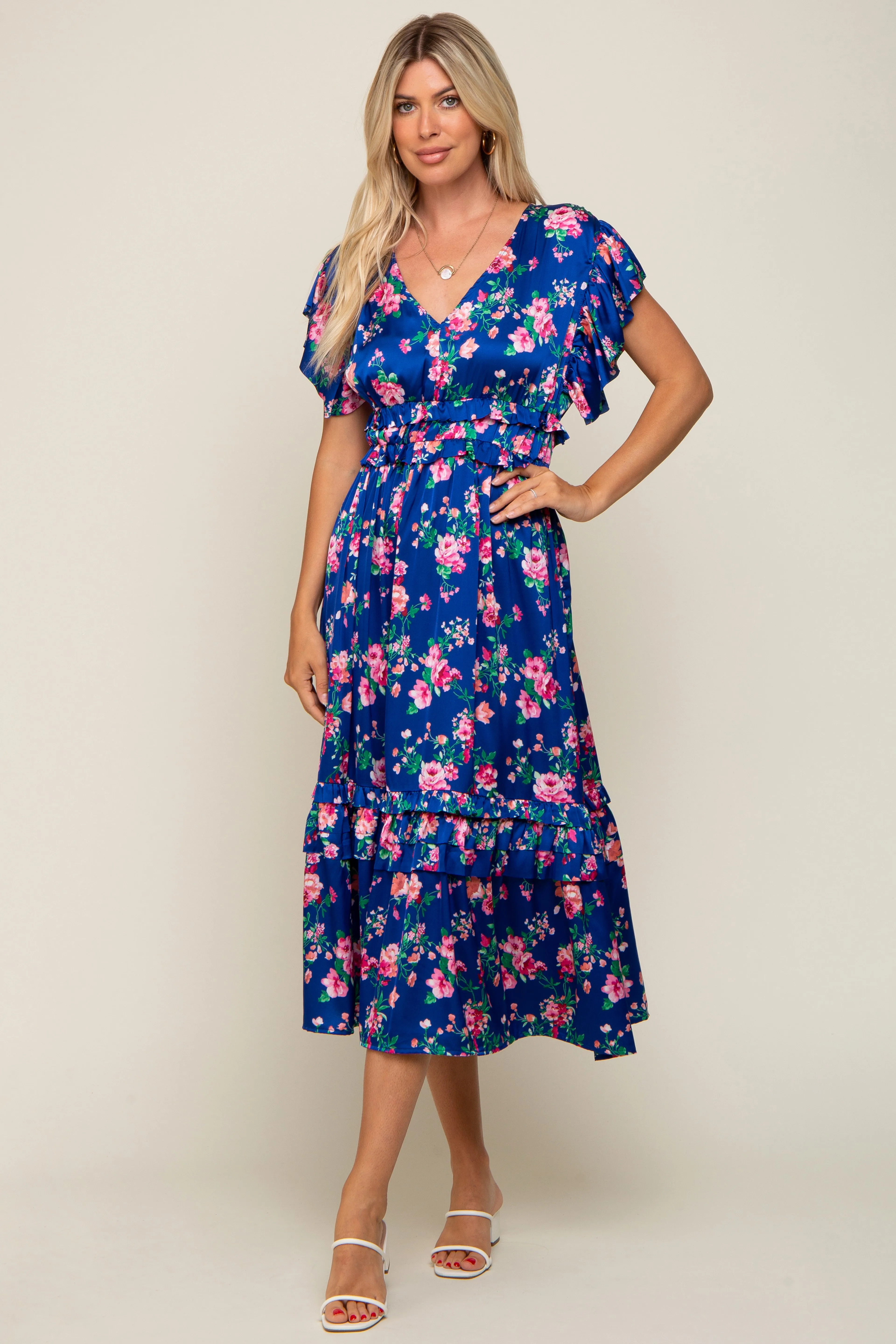 Royal Blue Floral Satin Ruffle Midi Dress sold by Pinkblush