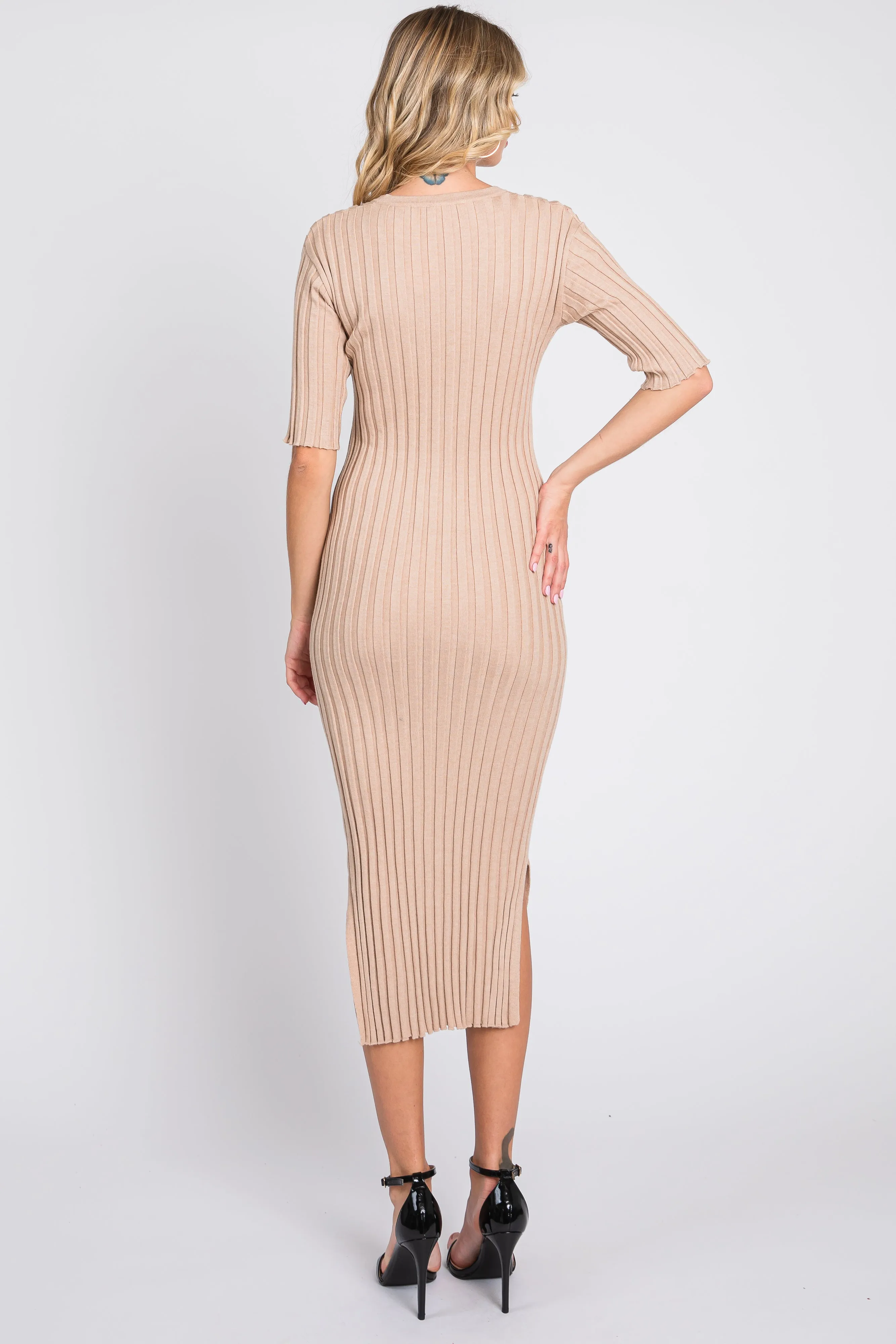 Beige Ribbed Knit Midi Dress sold by Pinkblush product image thumbnail 3