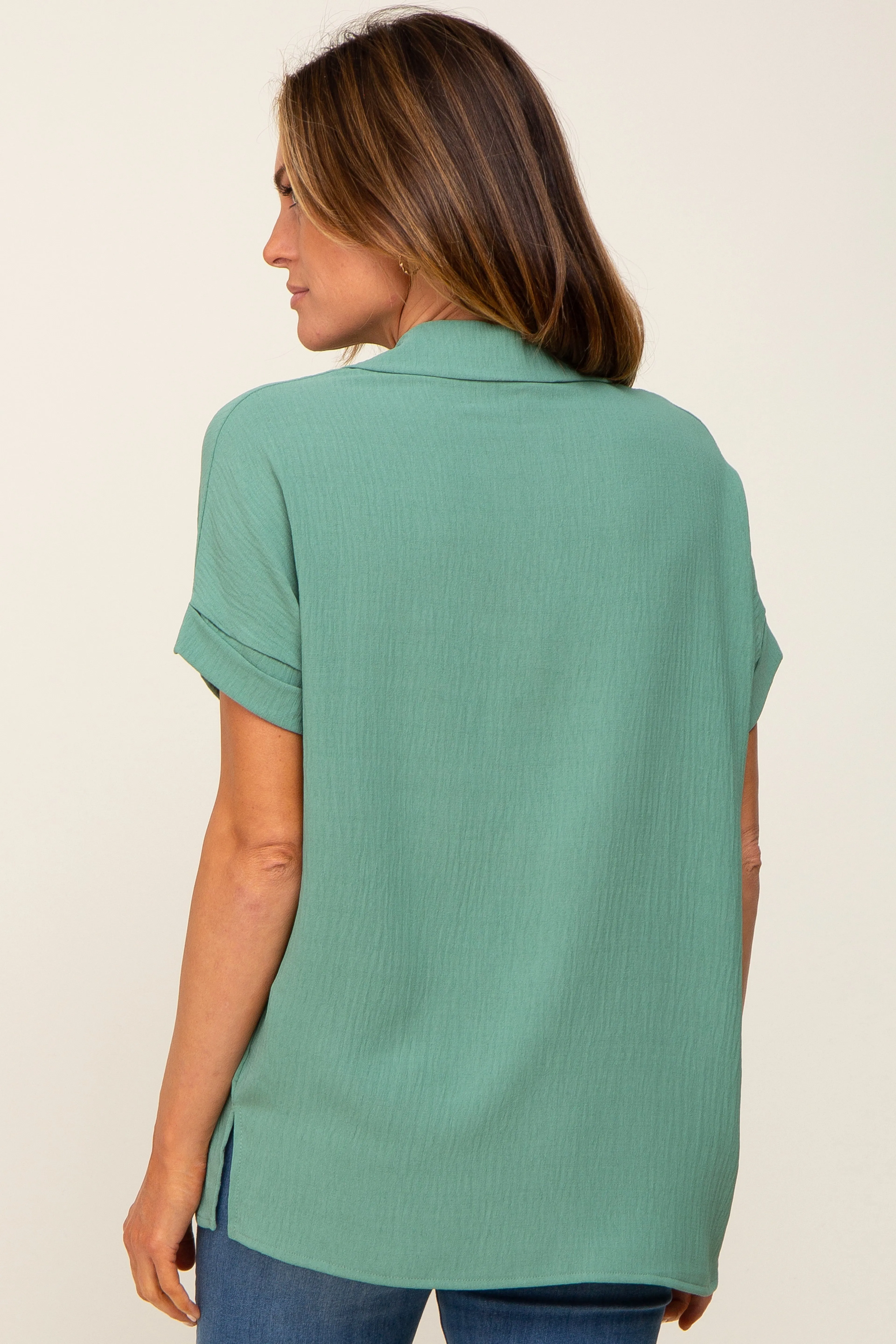 Green Collared Button-Down Short Sleeve Blouse sold by Pinkblush product image thumbnail 3
