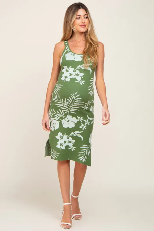 Olive Floral Sleeveless Knit Maternity Midi Dress sold by Pinkblush