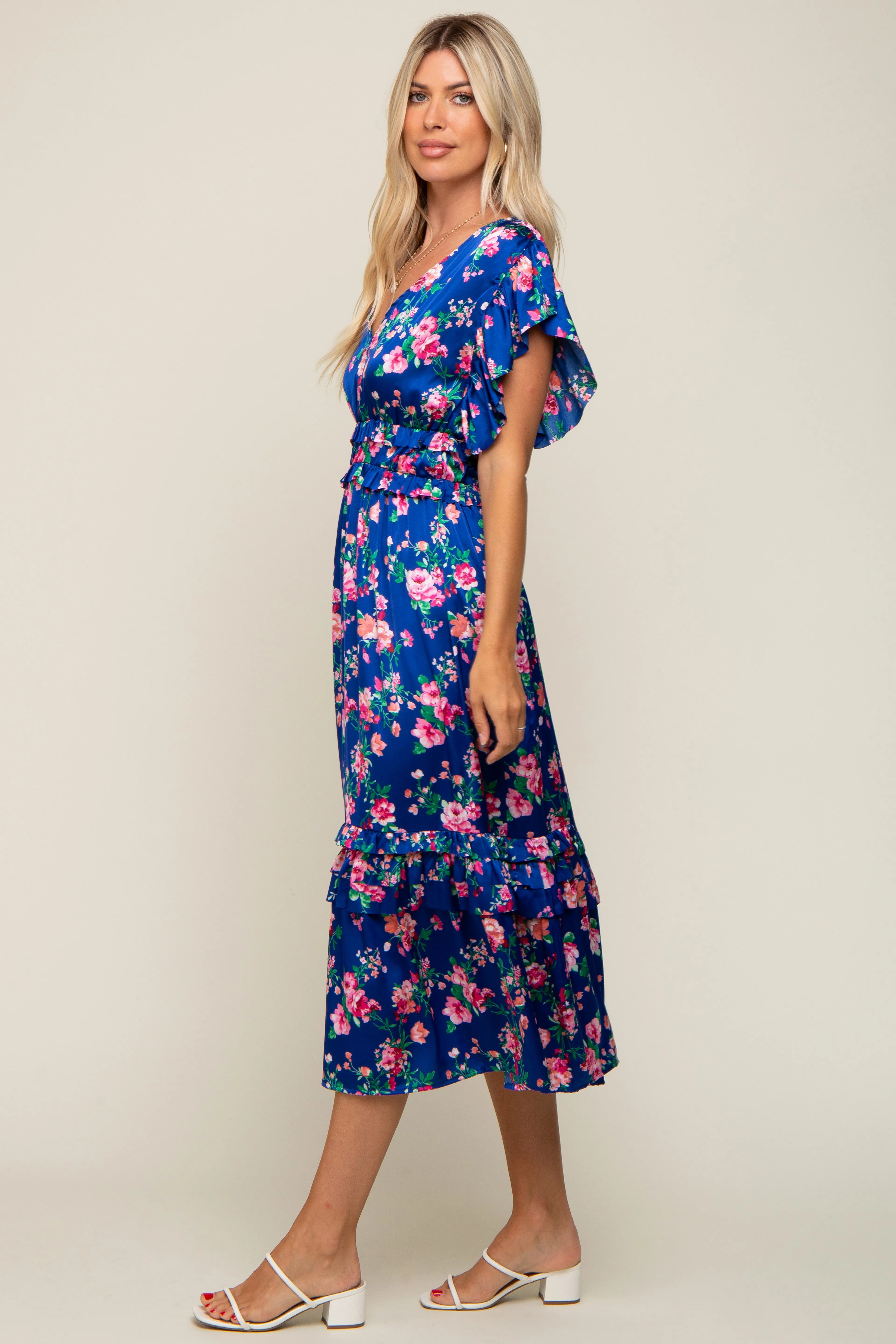 Royal Blue Floral Satin Ruffle Midi Dress sold by Pinkblush product image thumbnail 2