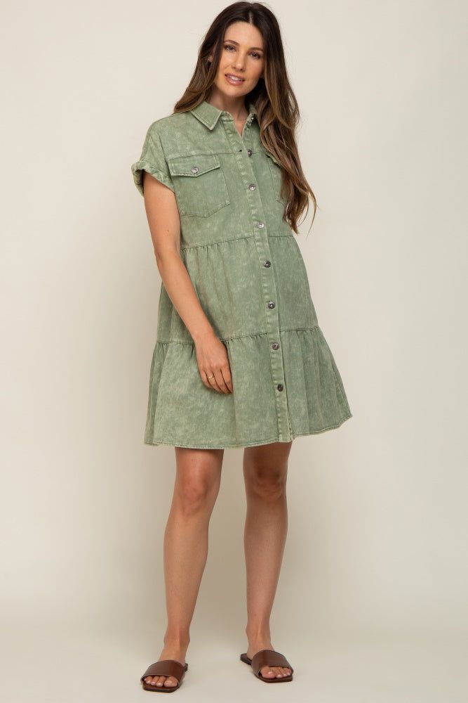 Olive Faded Denim Front Pocket Maternity Dress sold by Pinkblush product image thumbnail 4