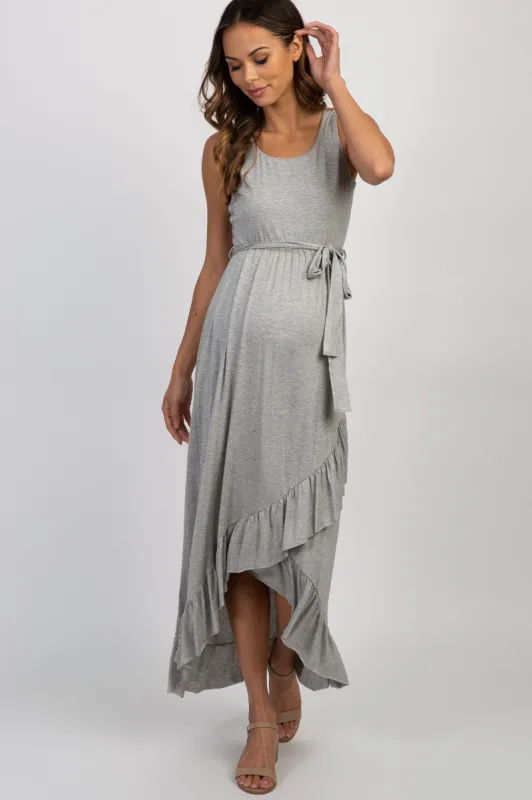 PinkBlush Heather Grey Sleeveless Hi-Low Ruffle Trim Maternity Maxi Dress sold by Pinkblush
