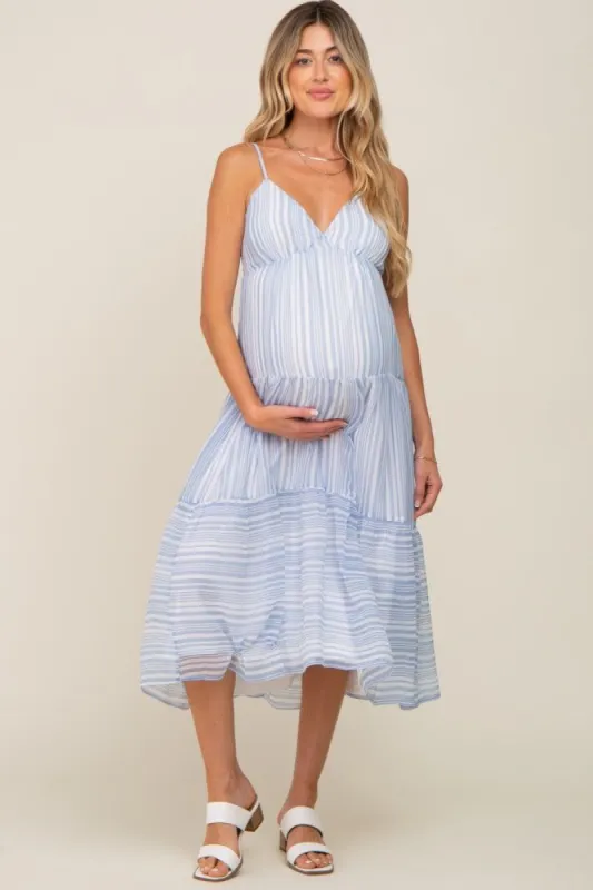 Blue Striped Chiffon Back Tie Tiered Maternity Midi Dress sold by Pinkblush